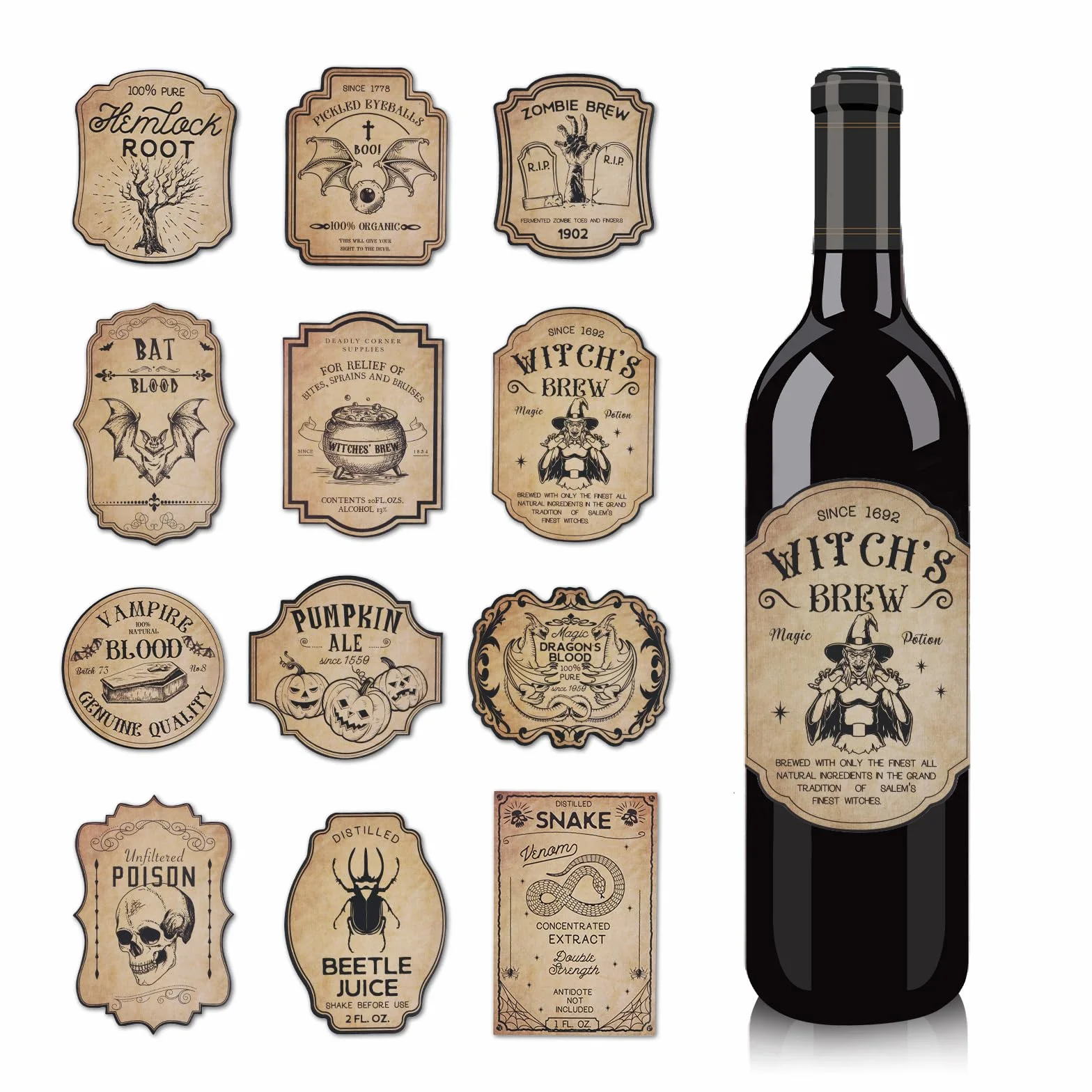 36uds Pegatinas para Botellas de Vino de Halloween, 12 Estilos Etiquetas para Botellas Halloween Etiquetas Adhesivas Pociones Etiquetas Adhesivas para Botellas de Vino para Decoración Fiesta