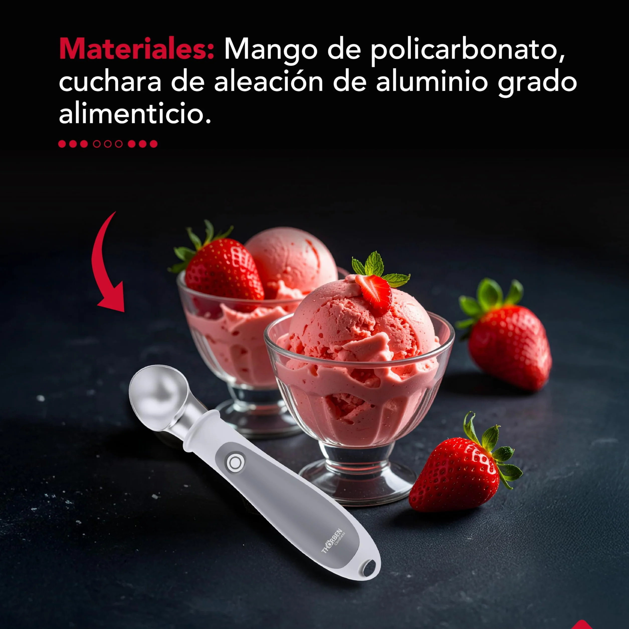 Thörben Cuchara de Helados Eléctrica Calentada USB-C, Doble Nivel de Calor 45°C y 60°C, Material Grado Alimenticio