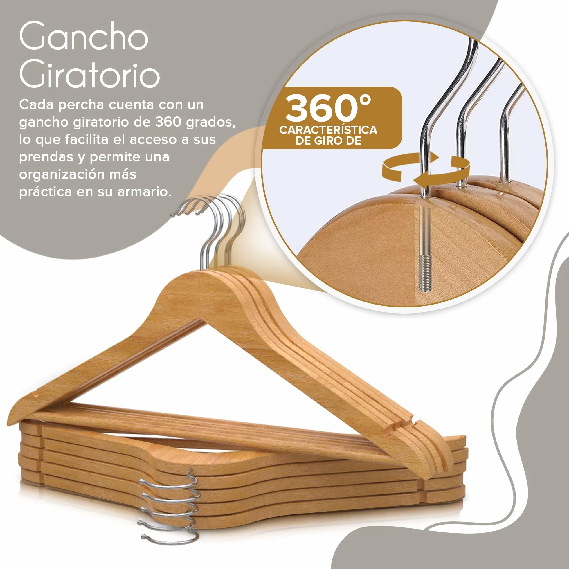 PORTENTUM Set de 20 Perchas de Madera para Ropa, Color Natural. Gancho Giratorio 360º, Perchas Pantalones, Colgador Antideslizante para Trajes, Chaquetas y Camisas, Muescas para Vestidos y Blusas