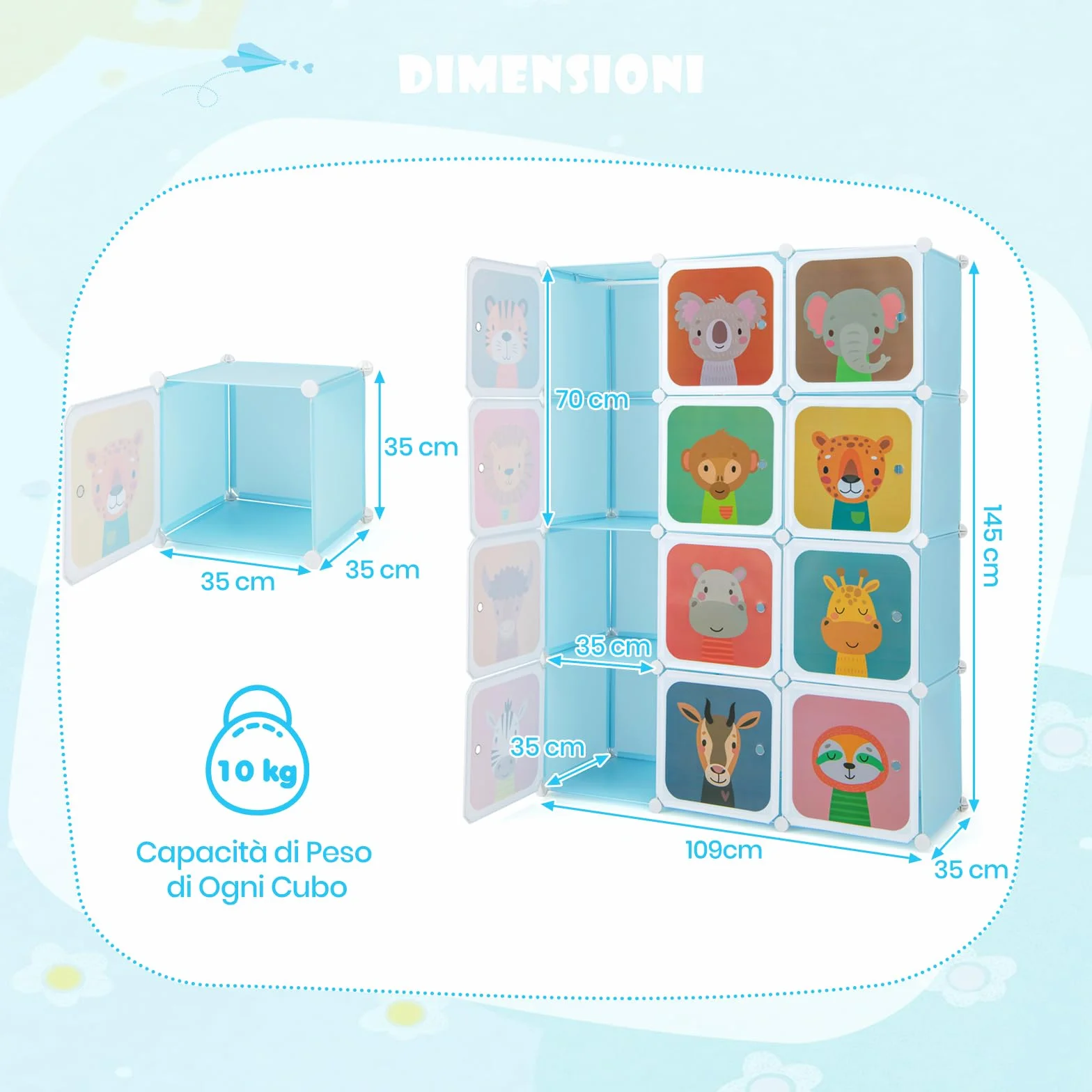RELAX4LIFE Armadio Modulare a 12 Cubi per Bambini con 2 Barre Appendiabiti, Mobile Salvaspazio per Cameretta, Portata 10 KG per Cubo, Azul Animal
