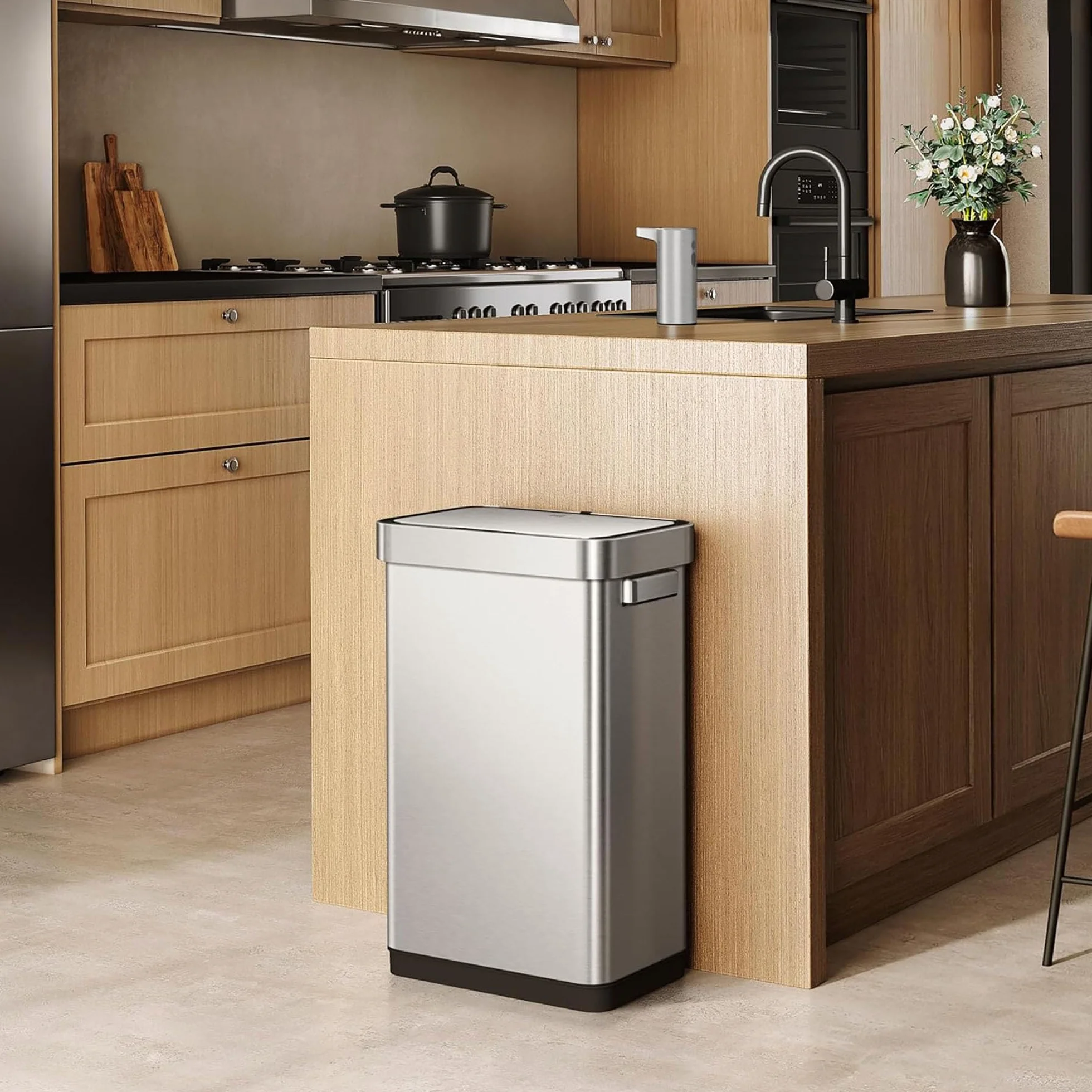 EKO Deluxe Mirage-T - Cubo de basura rectangular con sensor de movimiento sin contacto de 50 litros/13.2 galones, acabado de acero inoxidable mate