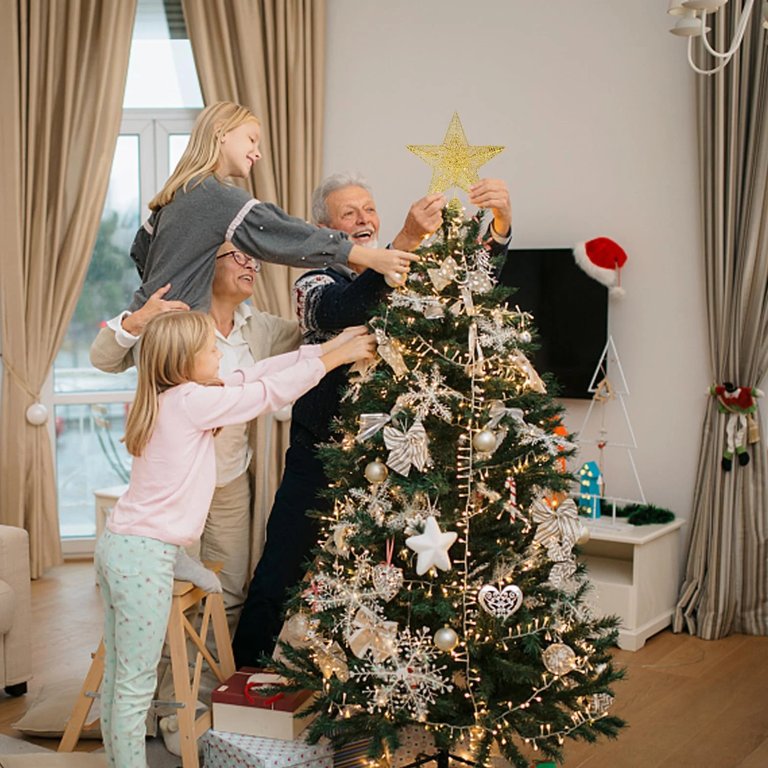 Estrella para árbol de Navidad Decoración de Fiesta de Navidad, Topper de árbol de Navidad Dorado, Estrella Árbol de Navidad Topper, Adornos Navideños para Arbol