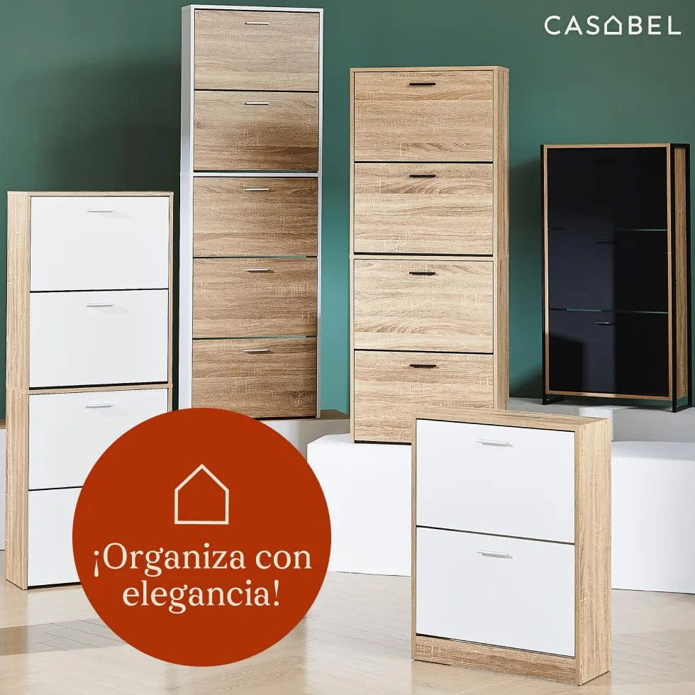 CASABEL Mueble Zapatero 18 Pares, 3 abatibles, Mueble Zapatero de Entrada con Estructura metálica Reforzada Negro, abatibles Madera Clara, instalación rápida, 23,5x63x119cm