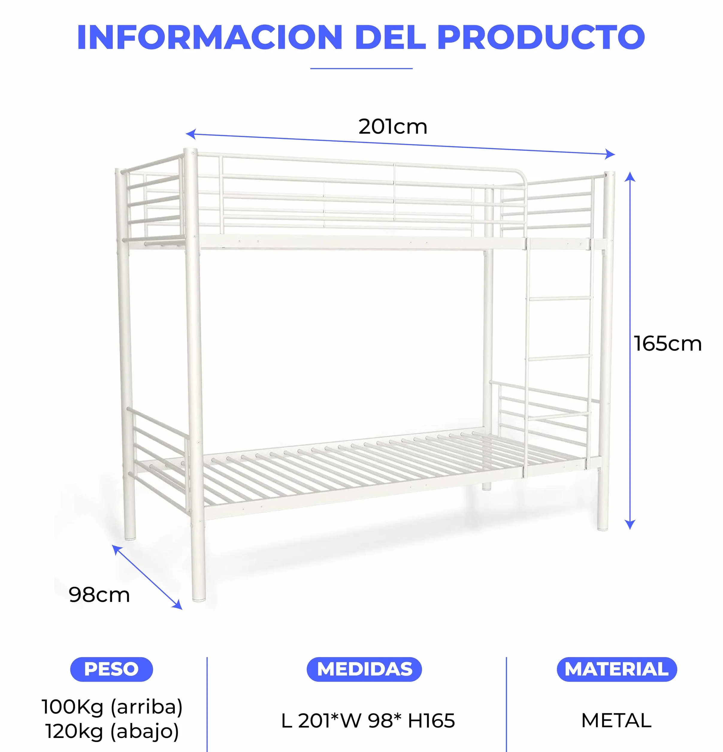 Litera Juvenil Sencilla 90x190 Blanca Estructura Metálica con Escalera Doble Infantil Modelo BOOL