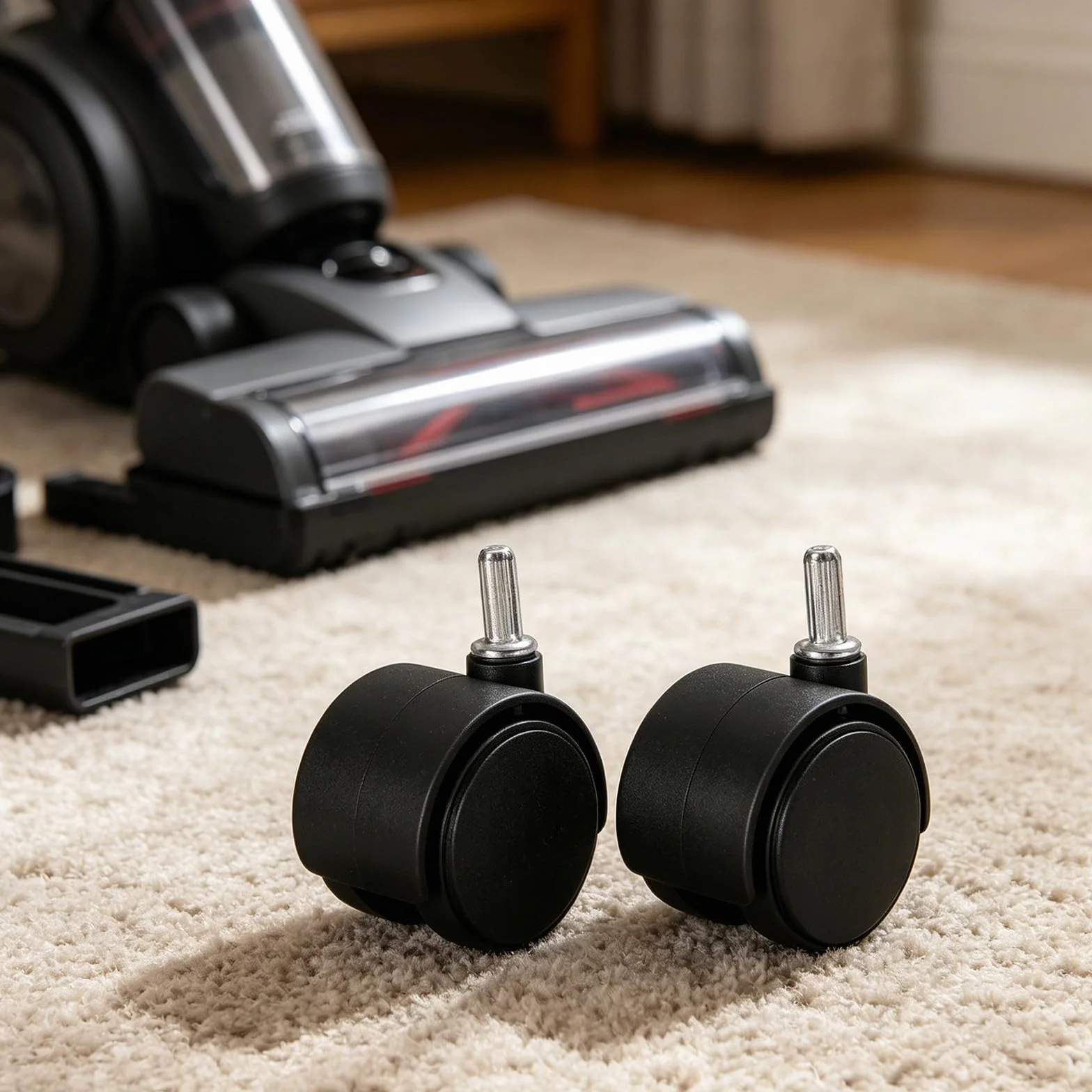 Amosfun 4 Piezas Ruedas Giratorias y Diseño Adaptable para Alfombras de Pelo de Plástico Negro Diámetro de Eje 1/4' para Aspiradora y Muebles