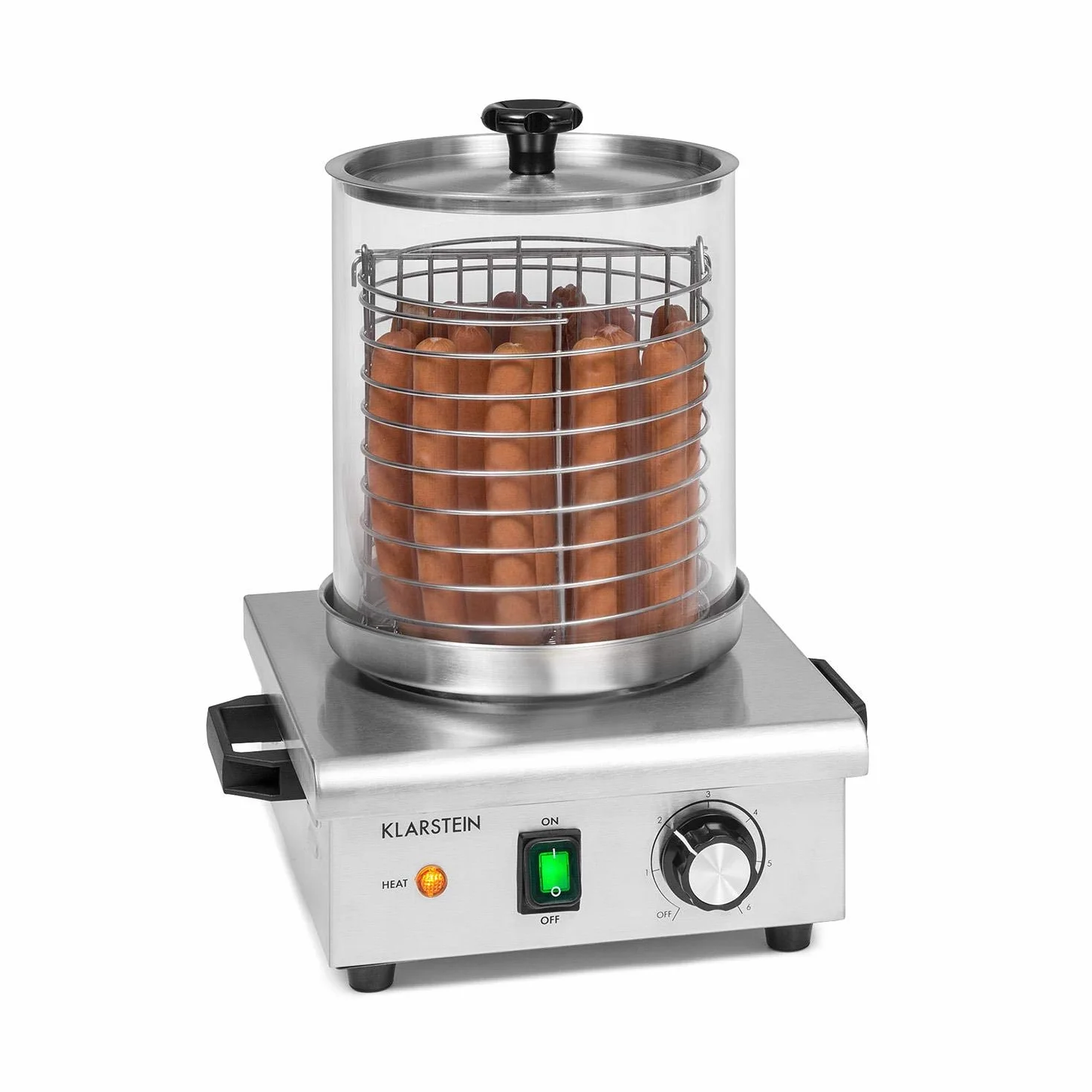 Klarstein Pro Wurstfabrik 450 máquina de perritos calientes - 450 W, 30-100 °C, cilindro de vidrio de Ø 20 cm, jaula desmontable de Ø 17 cm / 5 litros, acero inoxidable, depósito de 1,1 l, plateado