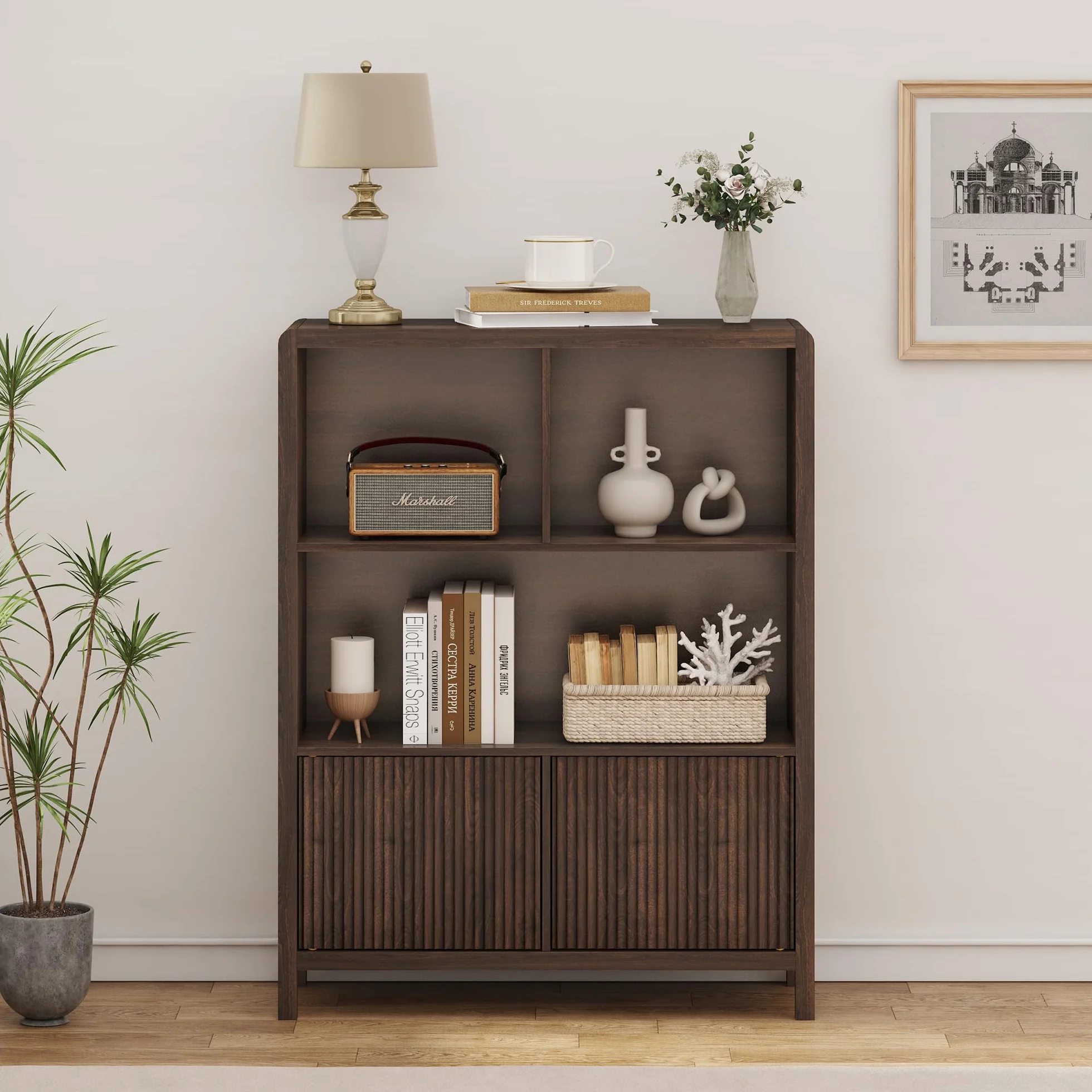 [en.casa] Aparador Alto Lukkodso con Compartimentos Mueble Auxiliar con 2 Puertas Variables Rectangular Armario Multiusos 103 x 80 x 28 cm - Efecto Nogal