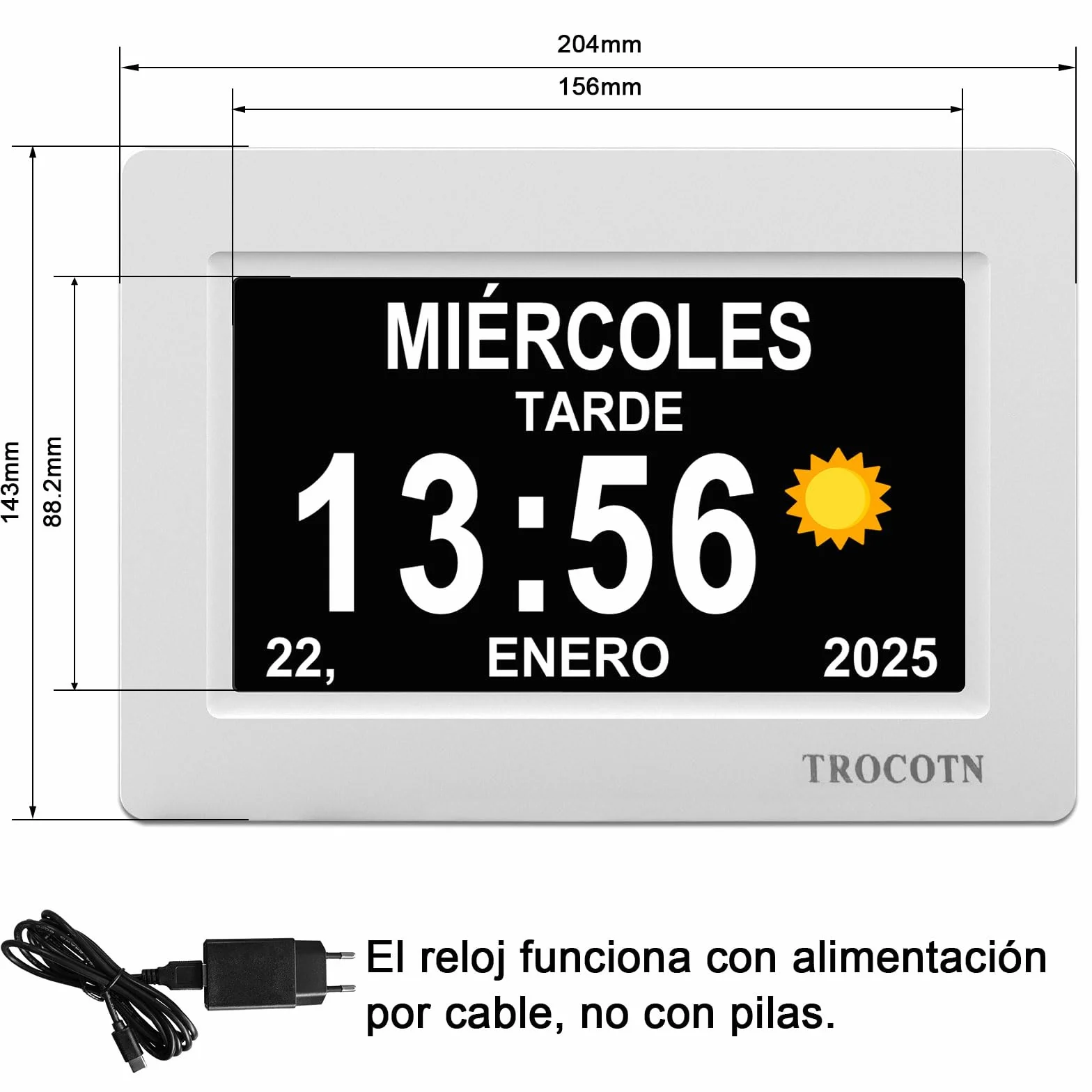 TROCOTN Reloj Digital de 7 Pulgadas, Calendario, Pantalla Grande, Despertador de Pared (Blanco)