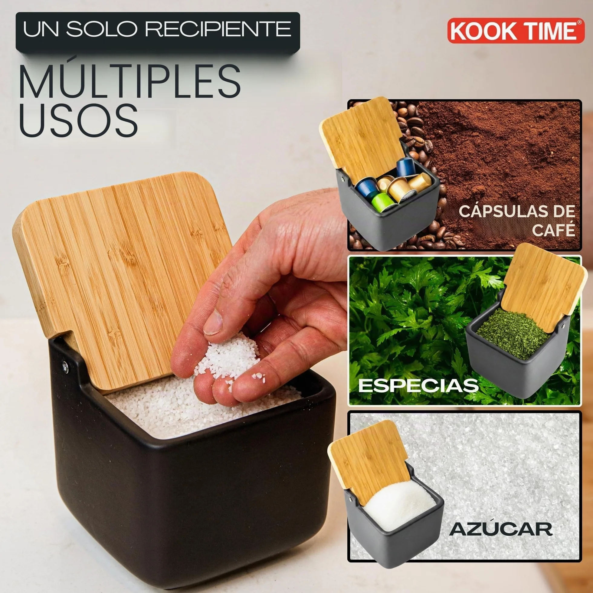 Salero de cocina con tapa de madera de bambú basculante negro cerámica mate 11.5 x 11.5 x 11.5 cm