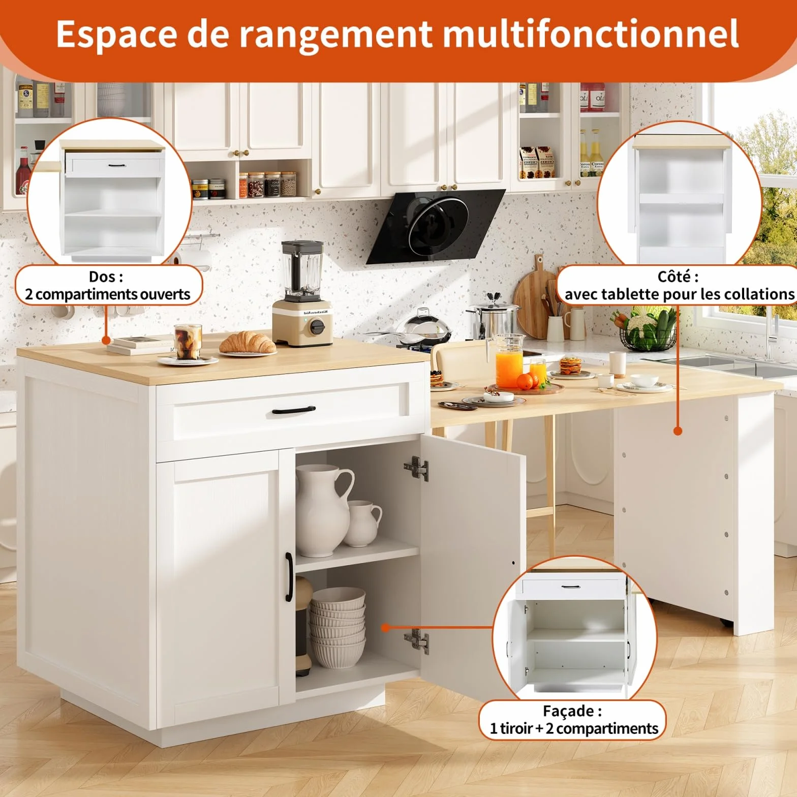 YEHTOKHOME Isla Central Cocina con ruedas y almacenamiento, mesa de comedor extensible 133-202 cm, aparador cocina con 2 cajones, estantes laterales, mesa de bar (blanco-2)