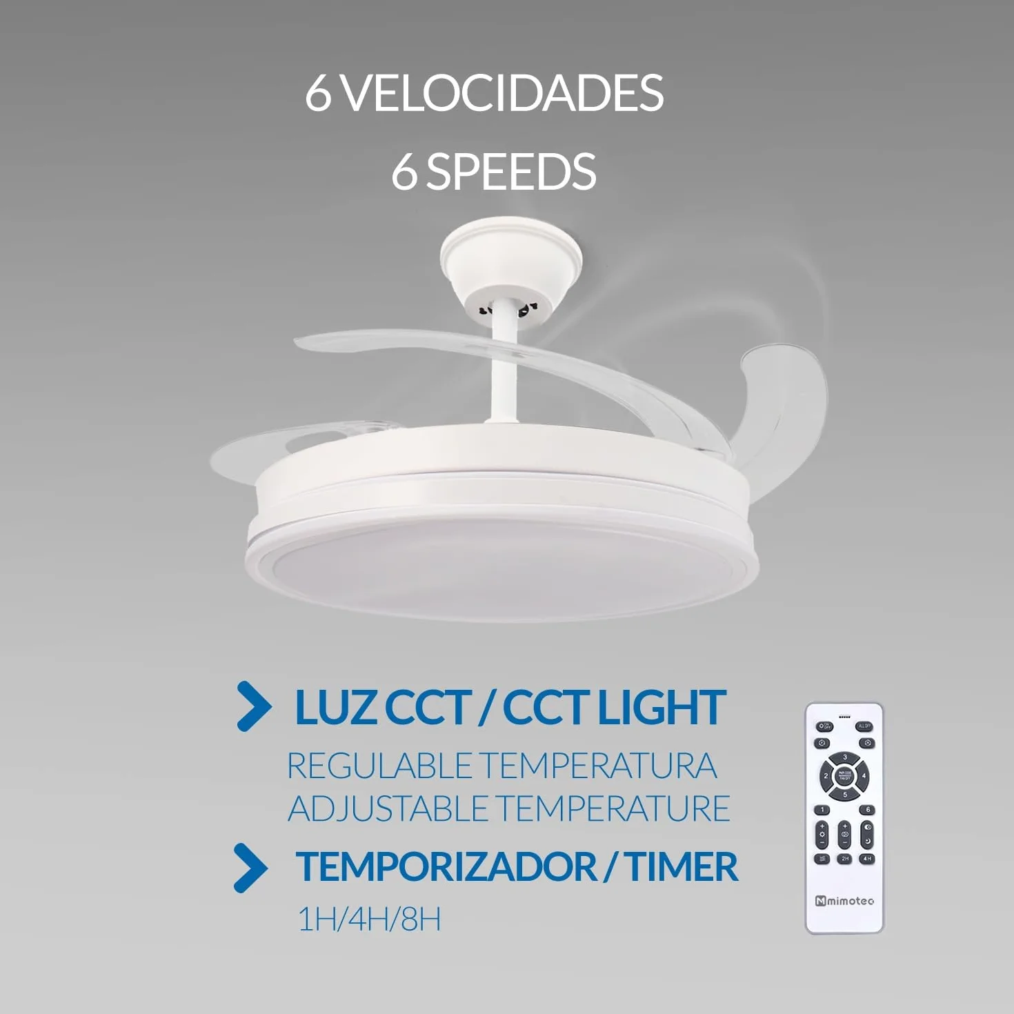 White Olga Ventilador de Techo LED 66W CCT Regulable Motor DC 36W Silencioso 6 Velocidades Aspas Retráctiles
