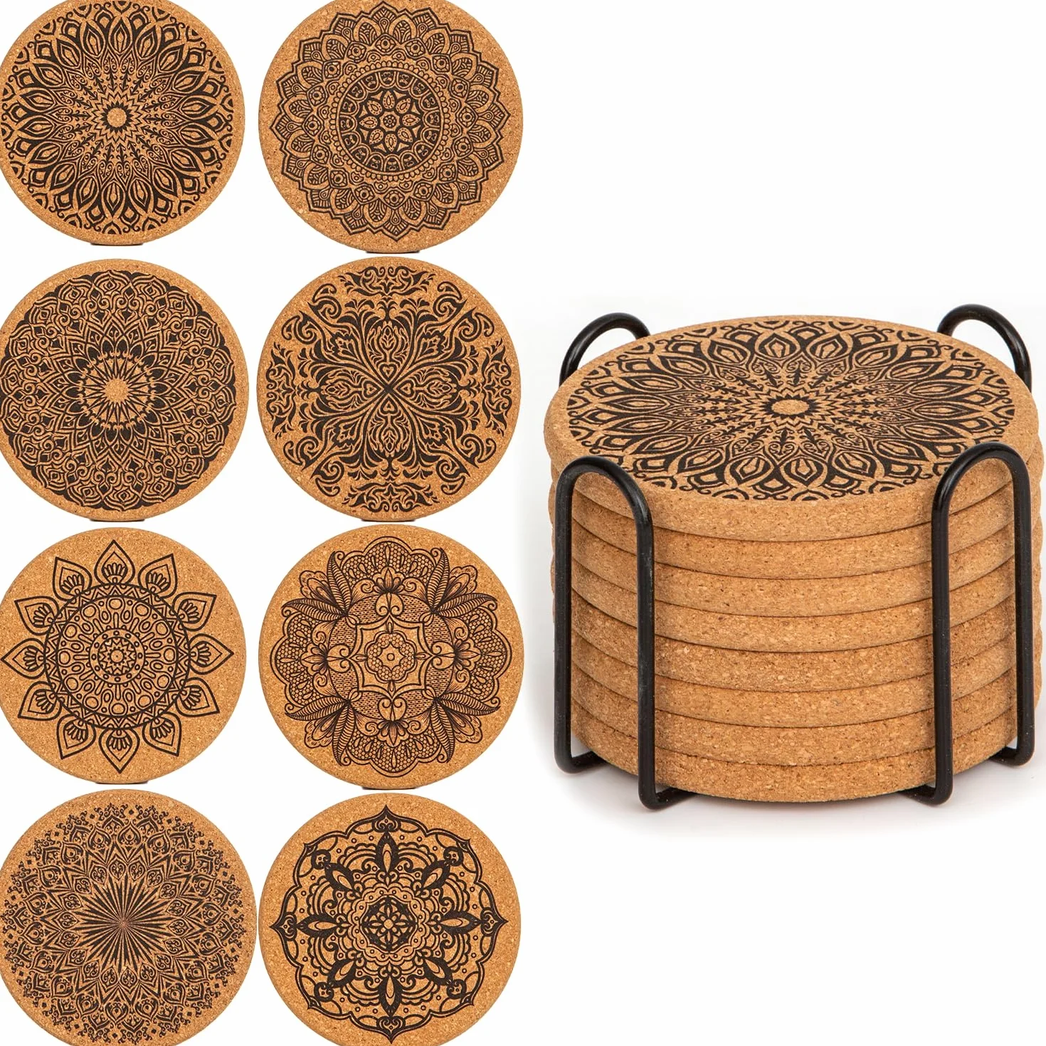 YUNYU Juego de 8 posavasos de corcho y madera con soporte, resistentes al calor, antideslizantes, absorbentes