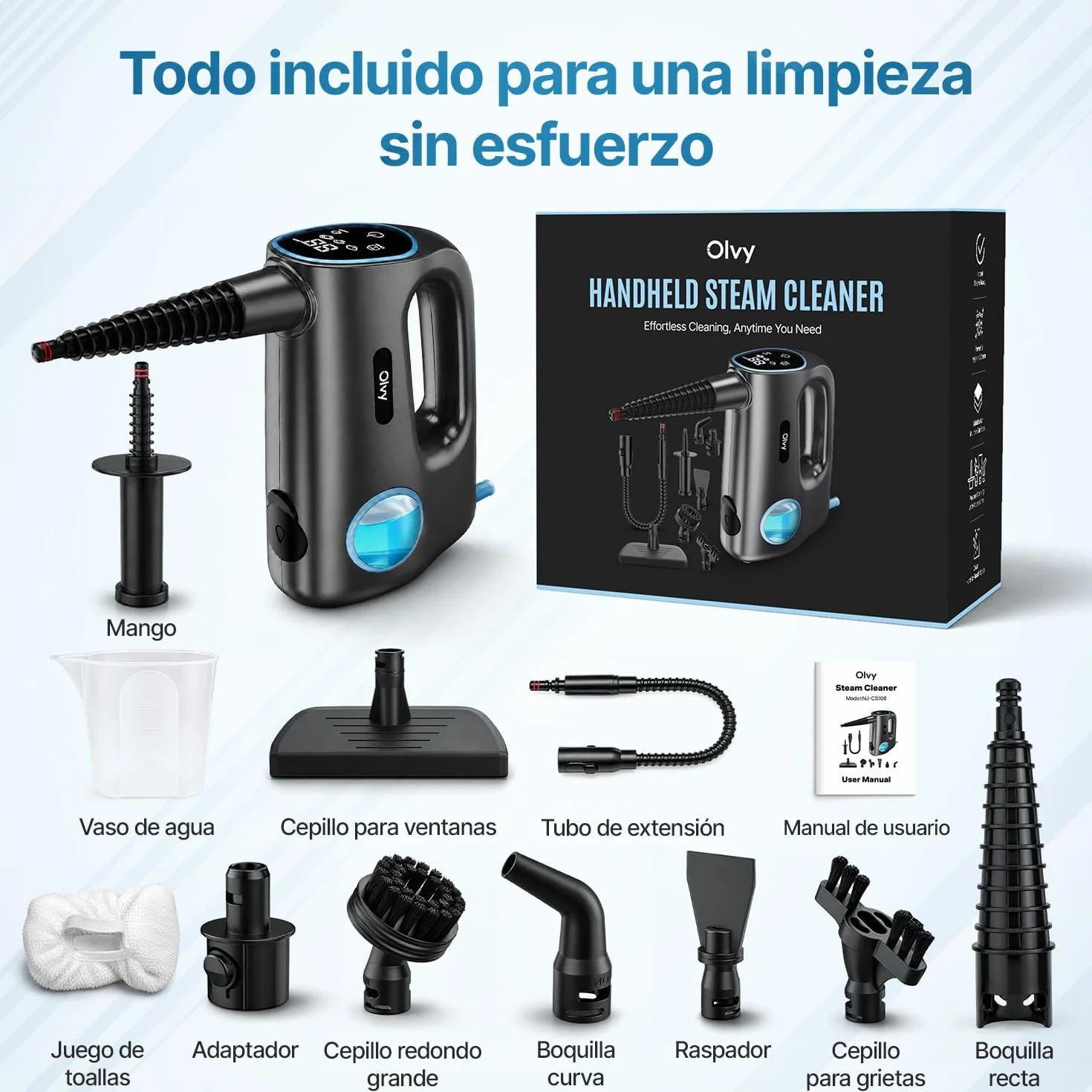 Olvy Limpiador de vapor de mano 1200W portátil alta presión 3 niveles vapor 10 piezas accesorios tanque 380 ml