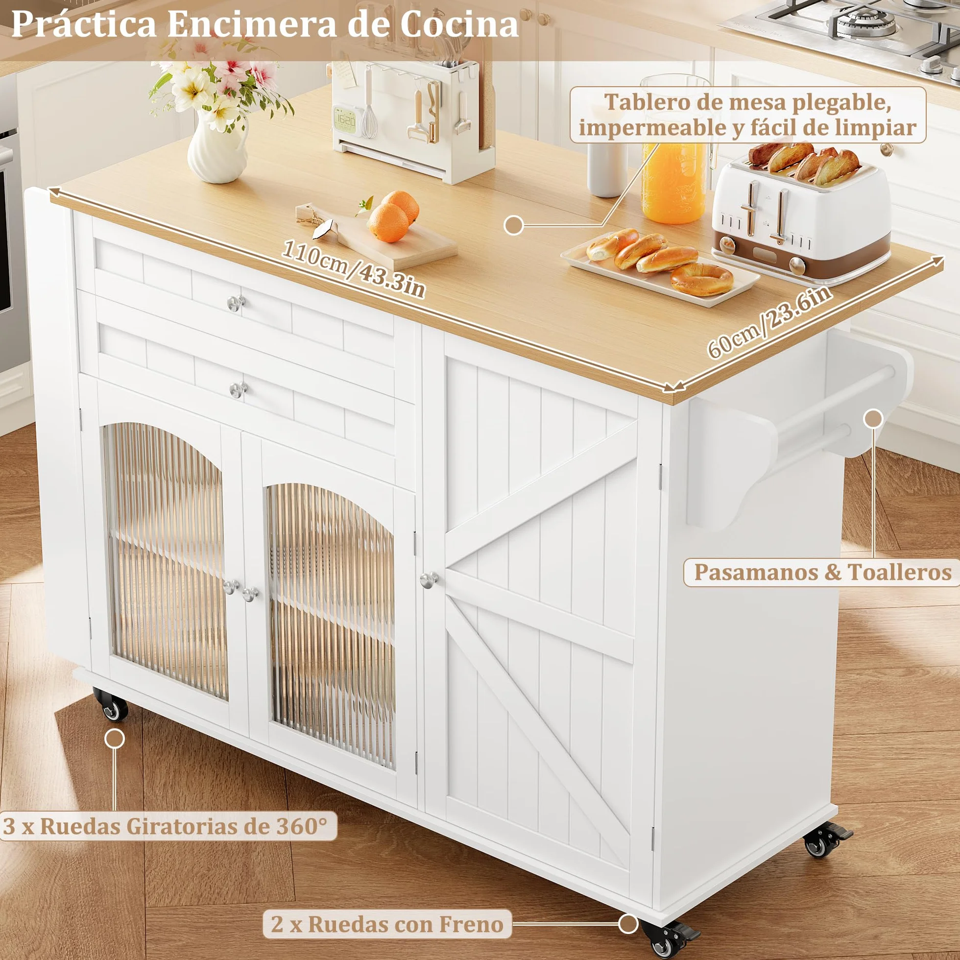 FirFurd Isla Cocina con Ruedas, Isla de Cocina con Barra, Mueble Cocina Auxiliar, con Mesa Plegable, con 5 Ruedas, 2 Cajones y 3 Puertas, Especiero y Toallero (Blanco)