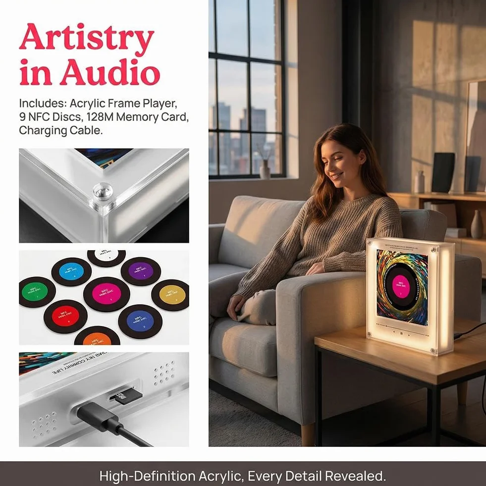 Reproductor de música NFC acrílico 7.9 pulgadas con luces LED integradas, 9 discos preconfigurados