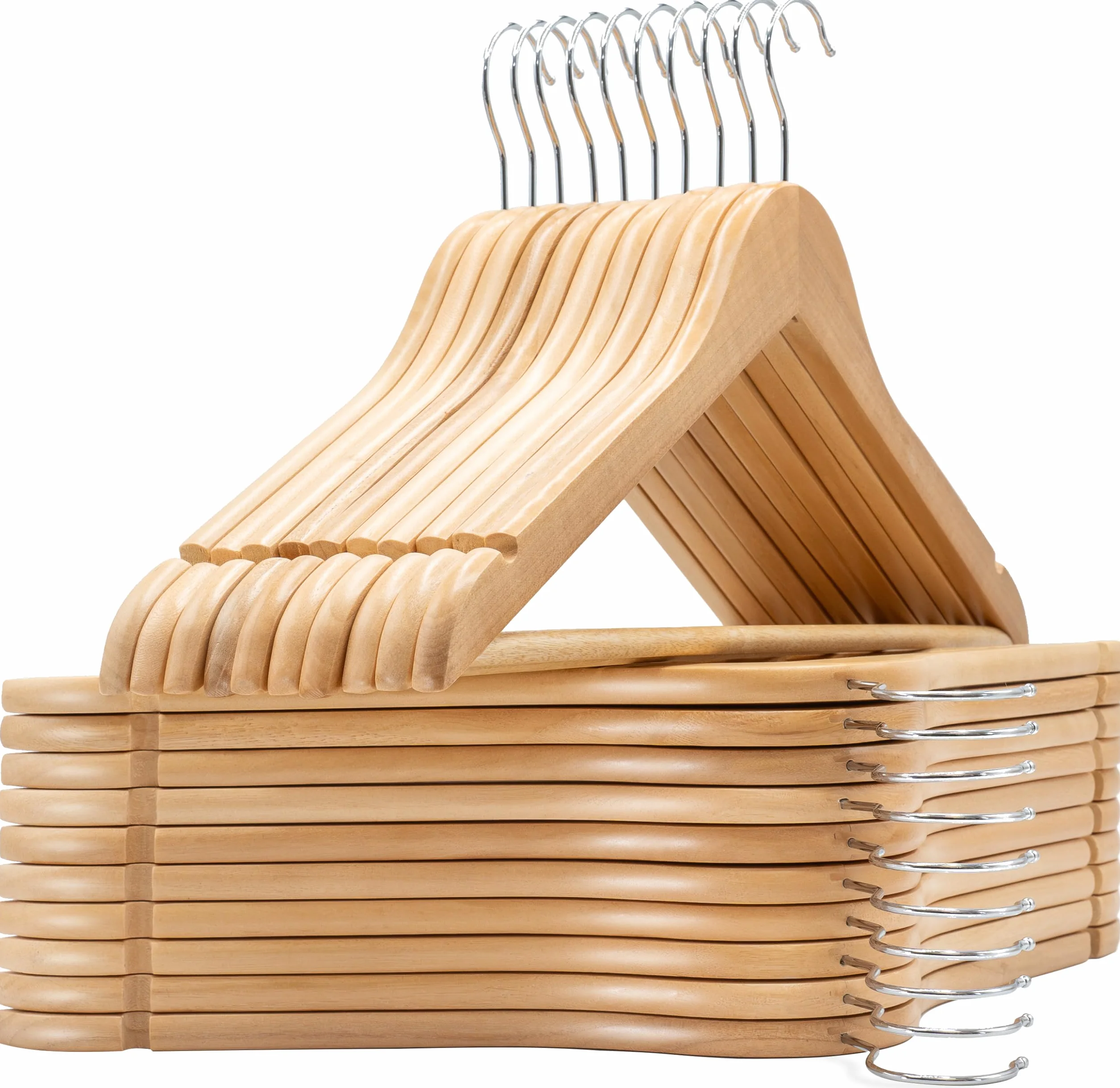 Perchas Madera Maciza con Gancho Giratorio 360, Pack 20 Unidades, Natural, para Organizar Ropa