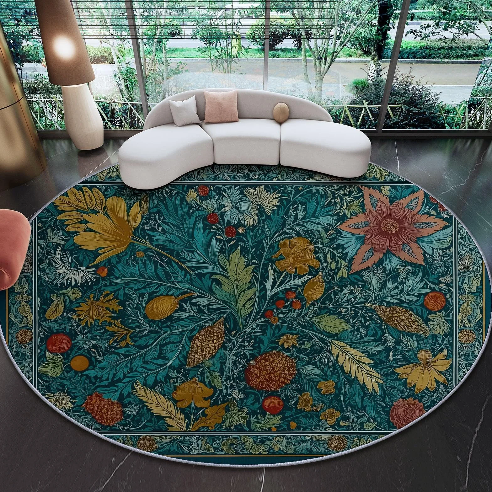 120 cm (Rond) Alfombra Redonda, Naturalista Art Déco Flores Plantas Alfombra Circular Para Sala De Estar Suave Y Esponjosa Decoración - Alfombras Redondas Lavables Para Sala De Est Turquesa Oscuro