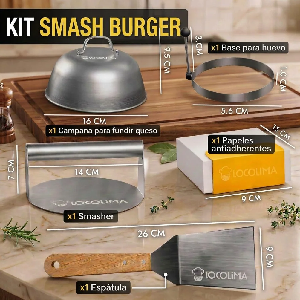 Smash Burger Kit 5 Piezas Prensa Hamburguesas Acero Inoxidable Espátula Campana Fundir