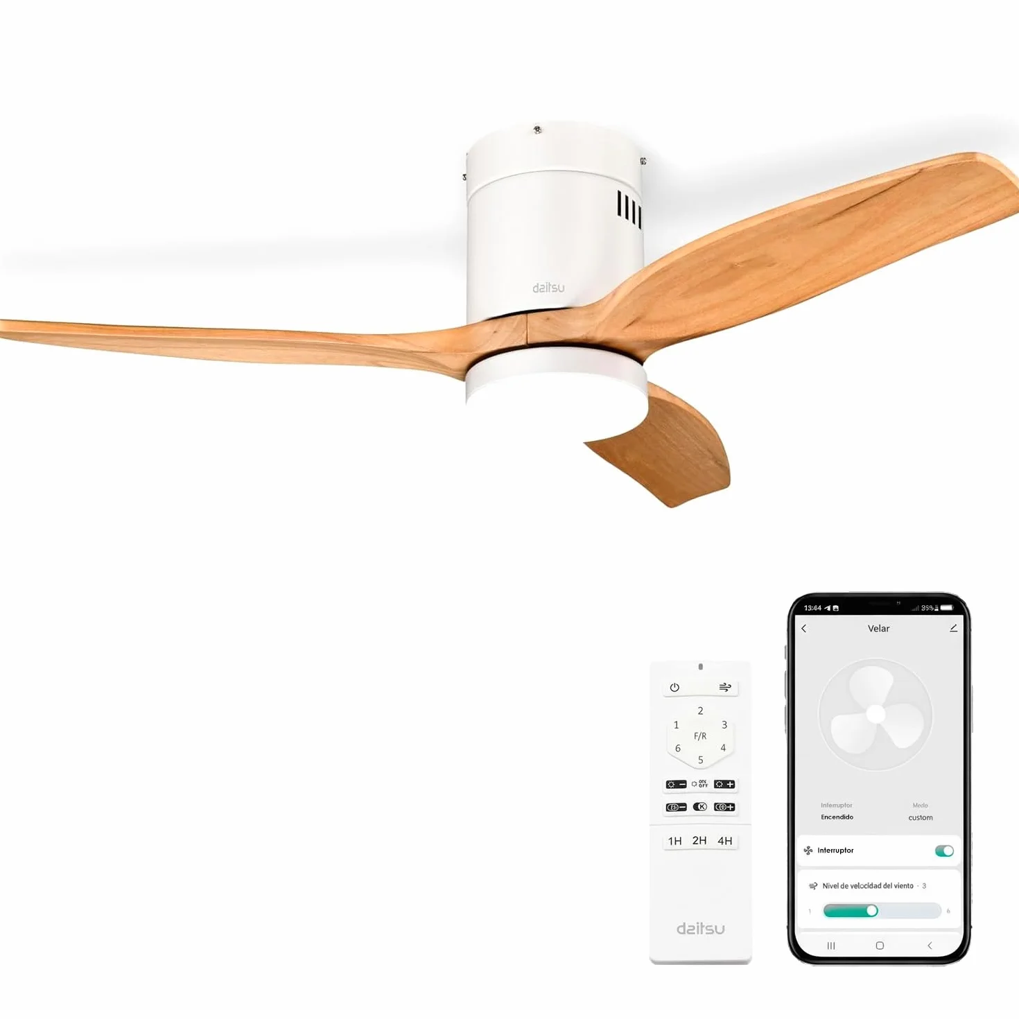 Daitsu Ventilador de Techo con Aspas de Madera Natural Velar | Función Verano/Invierno | 6 Velocidades | Luz Regulable | Control Wi-Fi App & Mando Inalámbrico (Ø107cm - Hasta 12m²)