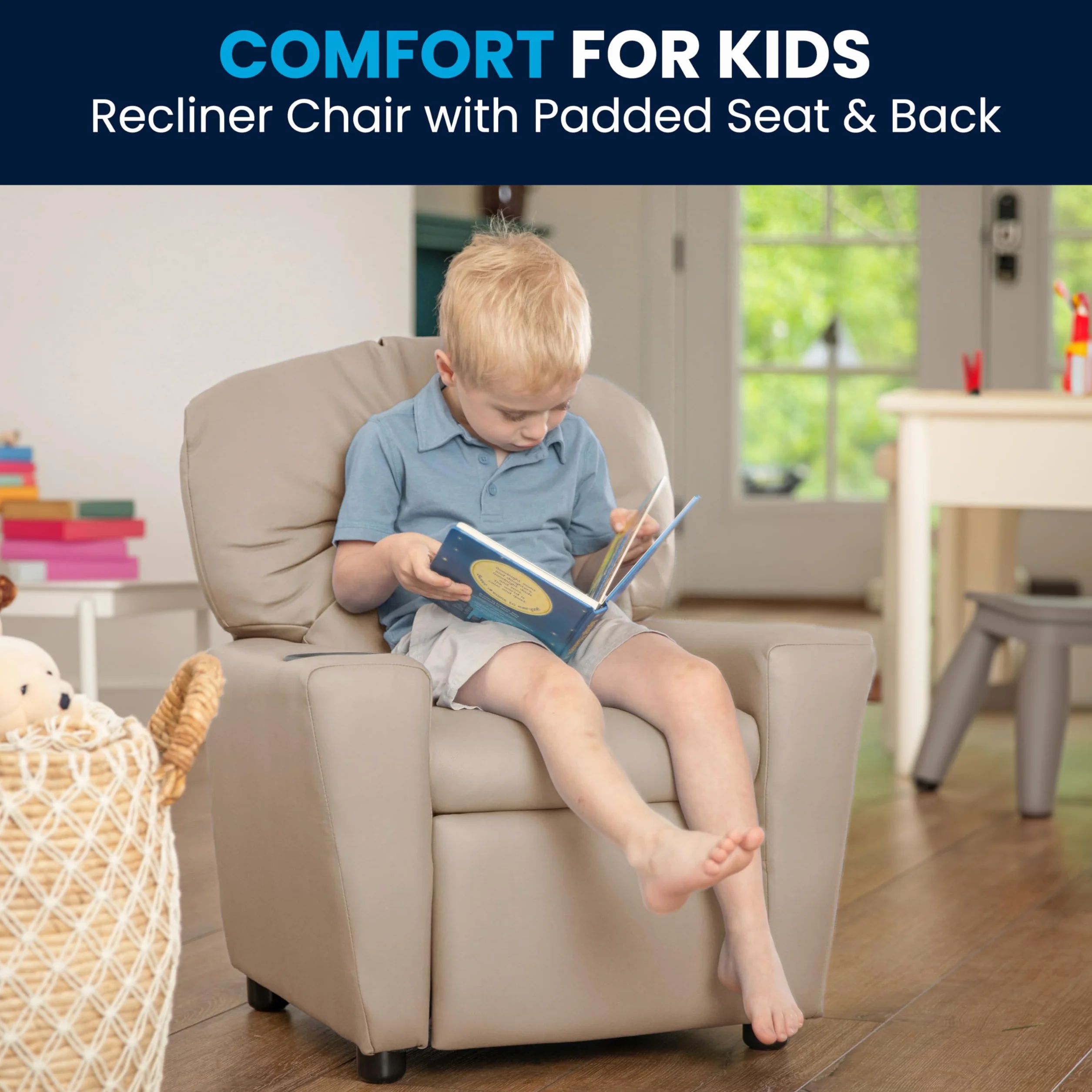 Flash Furniture Sillón reclinable Chandler de Vinilo para niños con portavasos, admite hasta 90 lbs, Beige