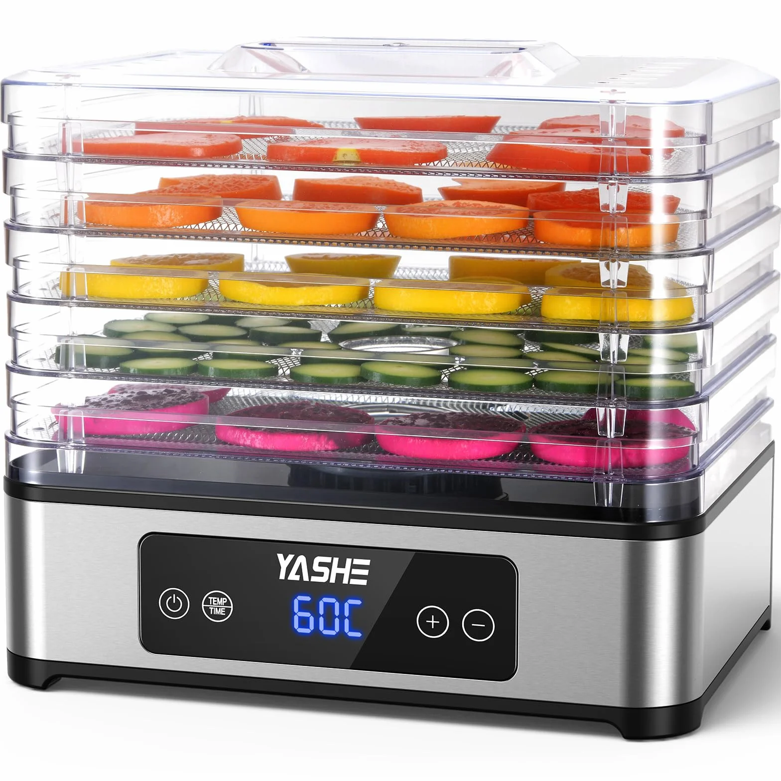 YASHE Deshidratador de Alimentos 5 Bandejas Acero Inoxidable 400W Flujo de Aire 360° Sin BPA