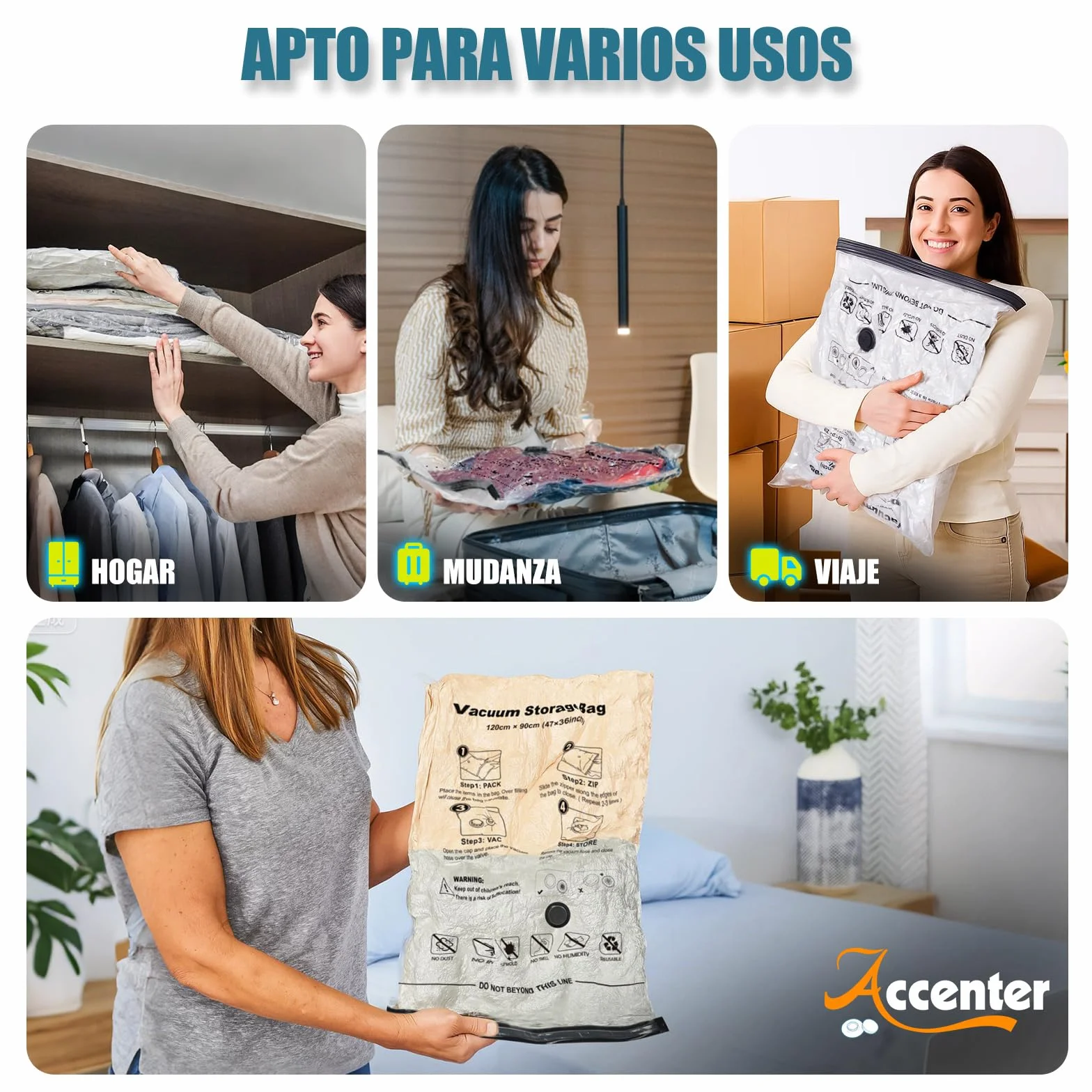 Bolsas de Almacenamiento al Vacío Accenter 5 Piezas 3XL 100x80cm 80x60cm Ahorra Espacio