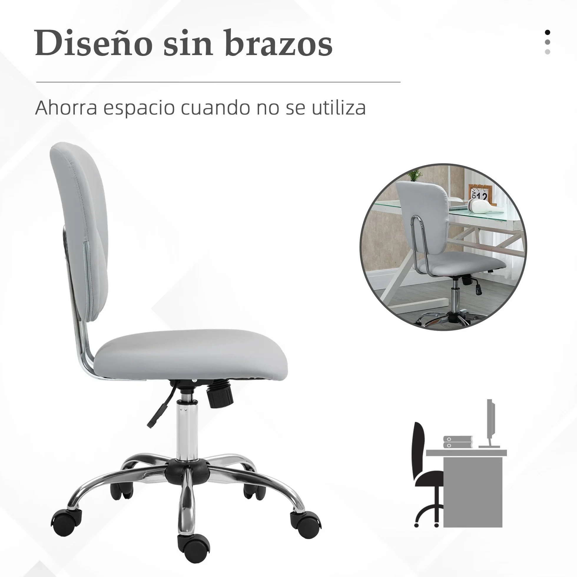 Vinsetto Silla de Oficina sin Reposabrazos Escritorio Juvenil Altura Ajustable Inclinación Carga 120 kg 50x54x87,5-96,5 cm Gris Claro