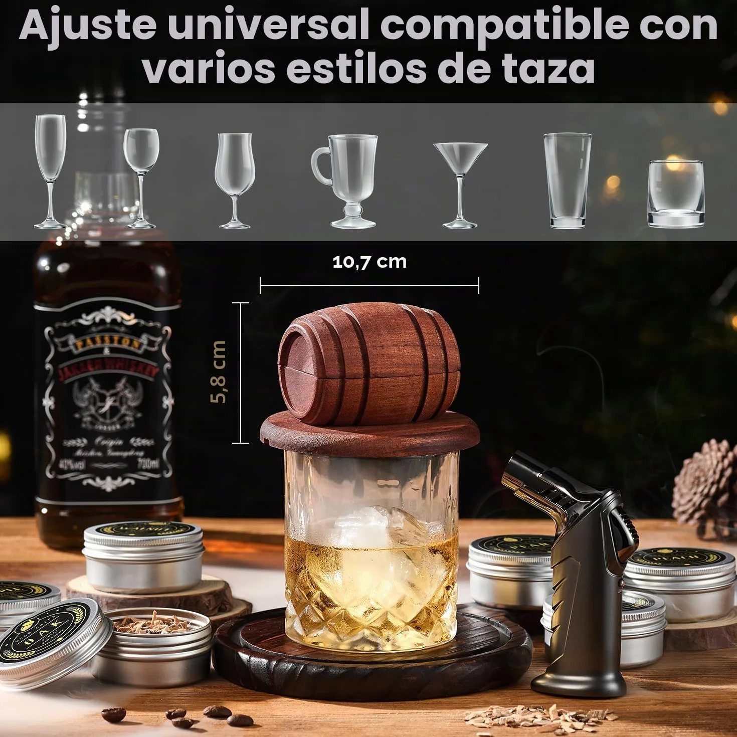 Kit de ahumador de whisky con antorcha, 6 sabores, chips de madera, 2 vasos, 2 moldes de bolas de hielo