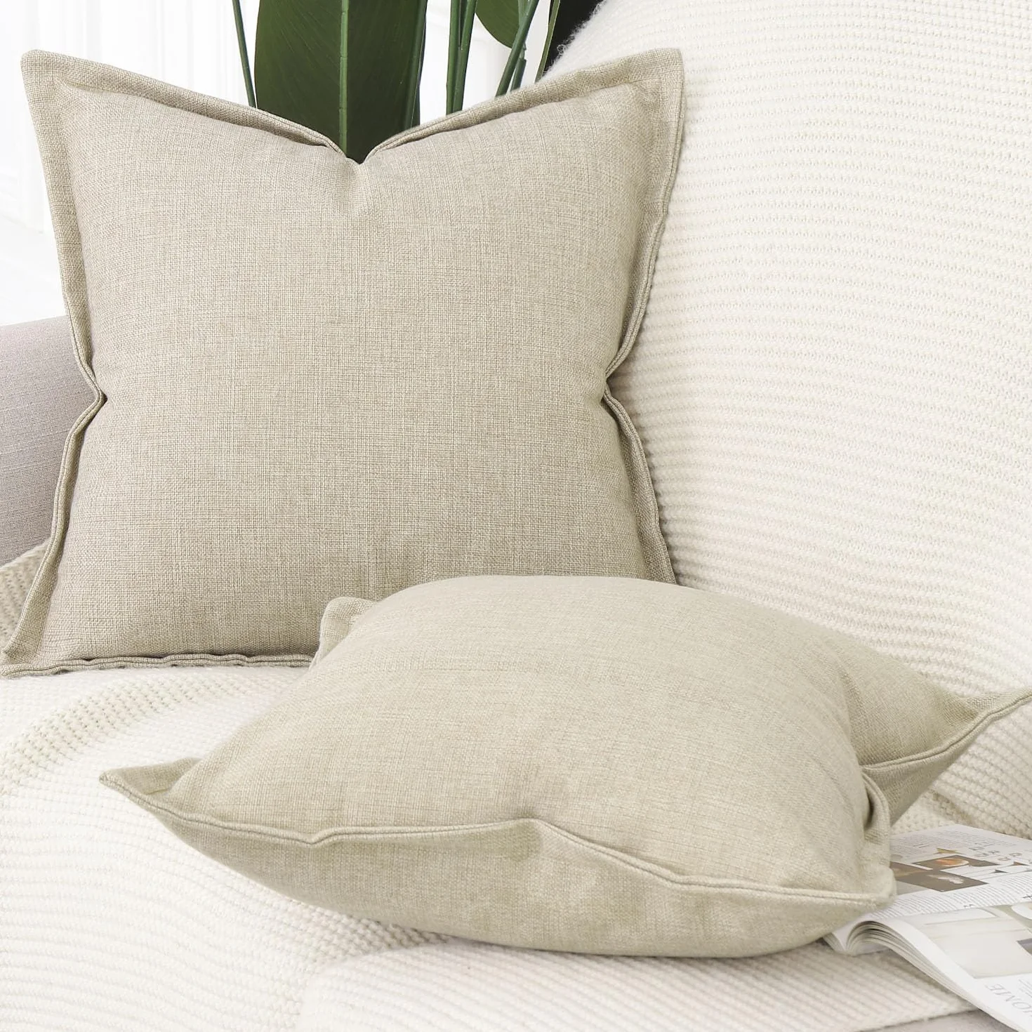 Madizz Juego de 2 Fundas de Almohada de Lino Poliéster Decorativo Cuadrado 40 x 40 cm Beige