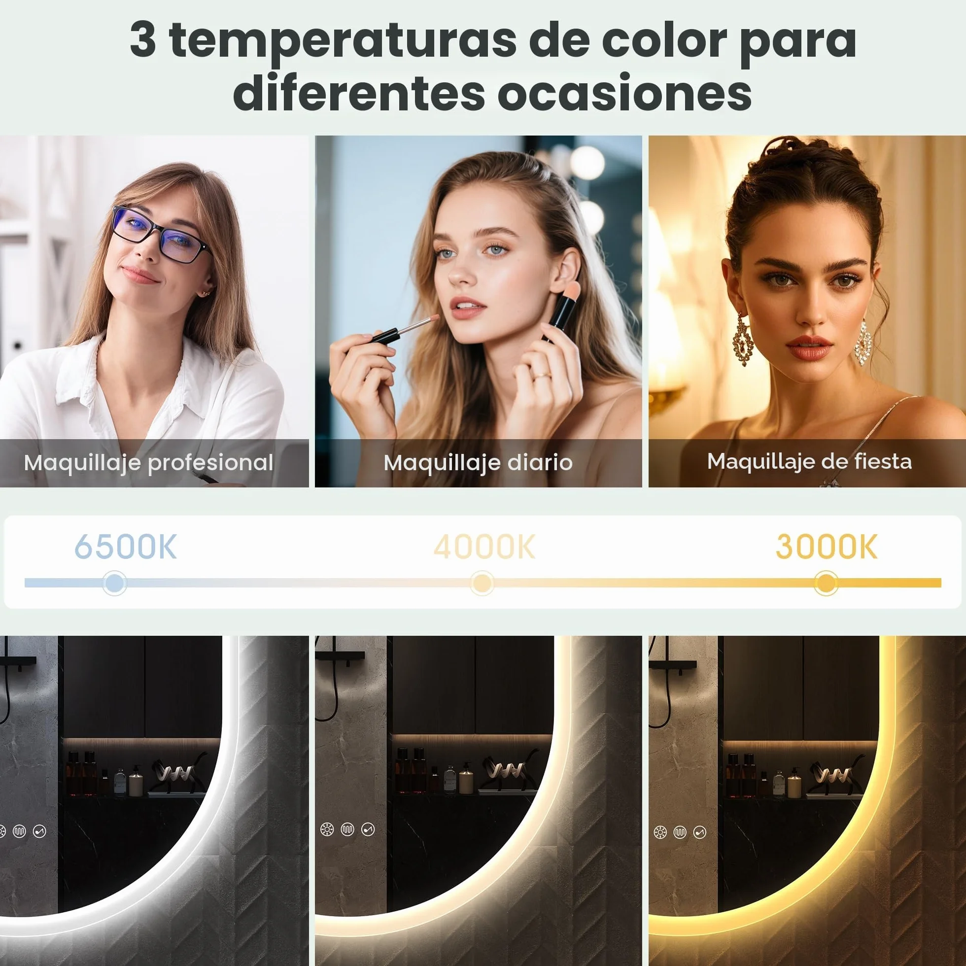 S'bagno Oval Bluetooth Espejo Baño con Luz 50x80cm, Antivaho, Espejos de Baño con Led y Memoria, 3000K/4000K/6500K, Regulable, Cristal Templado HD, IP44 Espejo Baño Led, Horizontal o Vertical