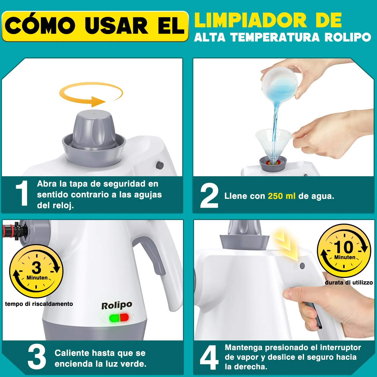 Rolipo Limpiador a Vapor Portátil 12 Accesorios Cierre de Seguridad Pistola Multifuncional
