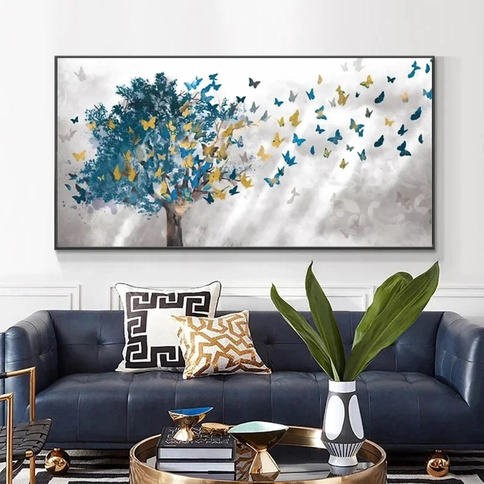 Moderno nórdico azul árbol mariposa lienzo pintura pared arte carteles impresiones cuadros de pared para sala de estar decoración de la pared del hogar 25.6 x 51.2 in (26 x 51 pulgadas) marco interno