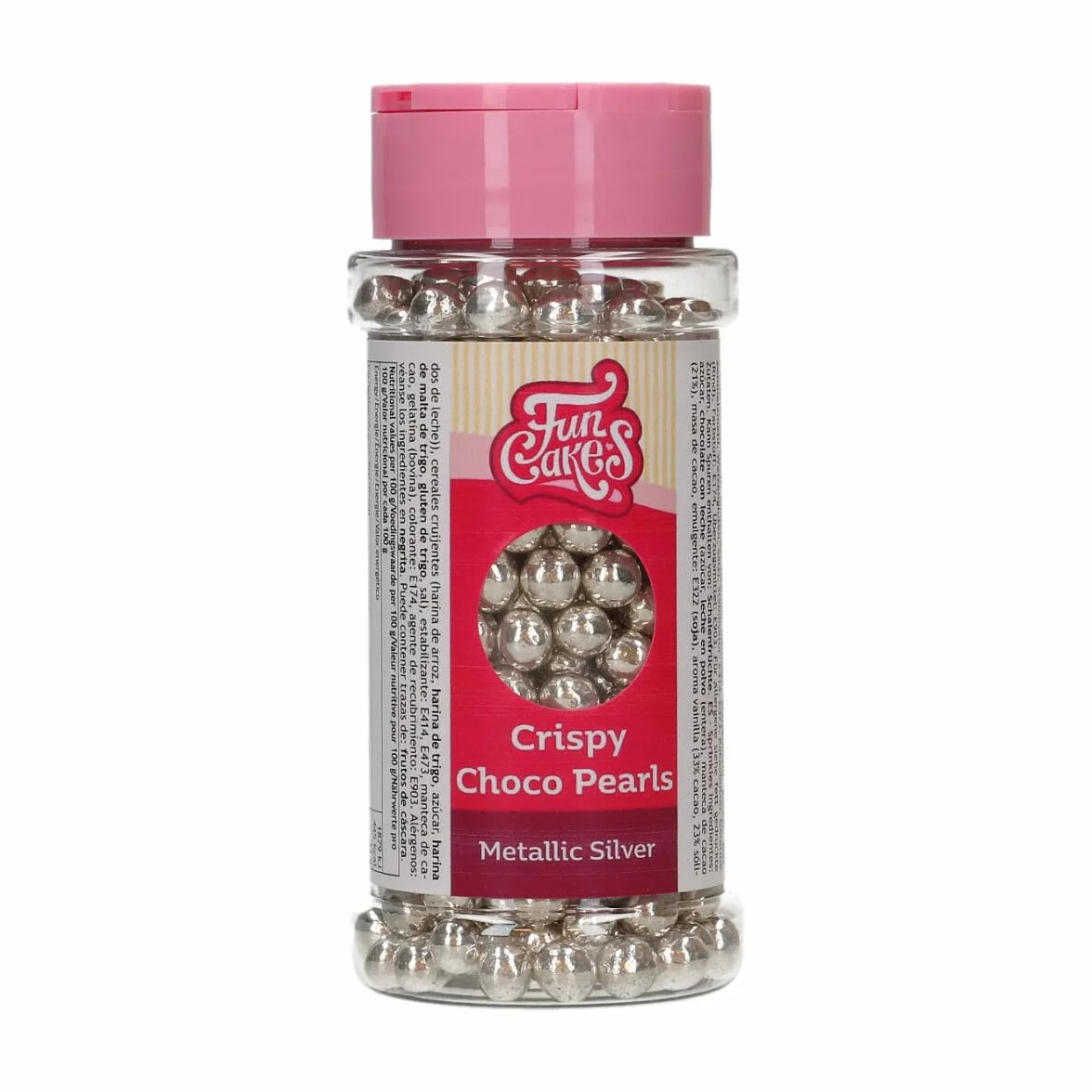 FunCakes Crispy Choco Pearls Metallic Silver 60 g Decoraciones de Chocolate para Tartas
