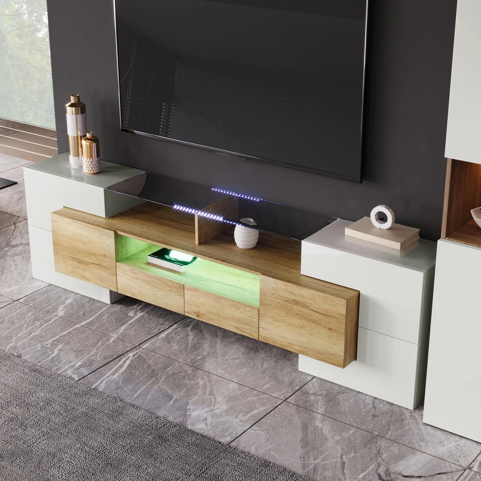 LAKFEW Mueble TV 200cm de hasta 85 Pulgadas con Iluminación LED y Almacenaje, Mueble TV Salon con 6 Puertas y 2 Cajones, Muebles TV con 3 Compartimentos, 200x35x60 cm, Blanco+Color Madera