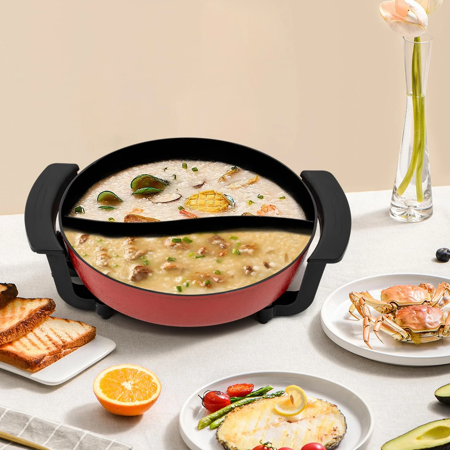 Estufa Eléctrica Multifunción 1360W Olla Hot Pot Eléctrico Fondue Shabu con Partición Temperatura Ajustable para 3-4 Personas