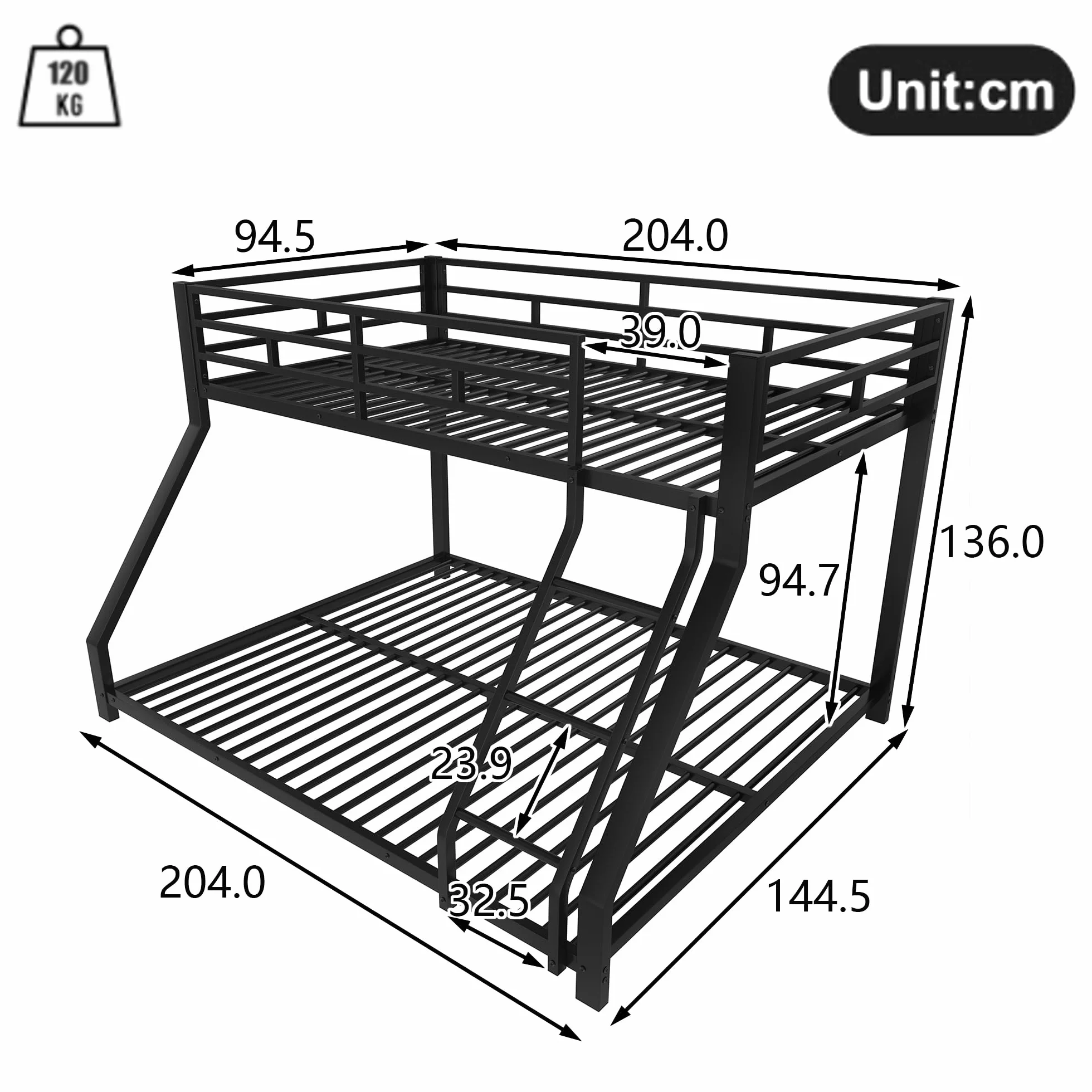 Litera doble para niños, barandilla, con escalera segura, sin colchón, diseño elegante, adecuado para cualquier decoración de habitación infantil, metal, 90 x 200 cm, 140 x 200 cm (negro)