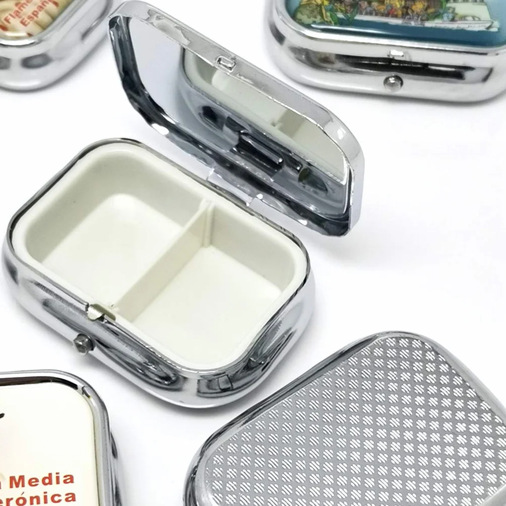 Pastillero metálico pequeño con espejo portátil 2 compartimentos para viajes