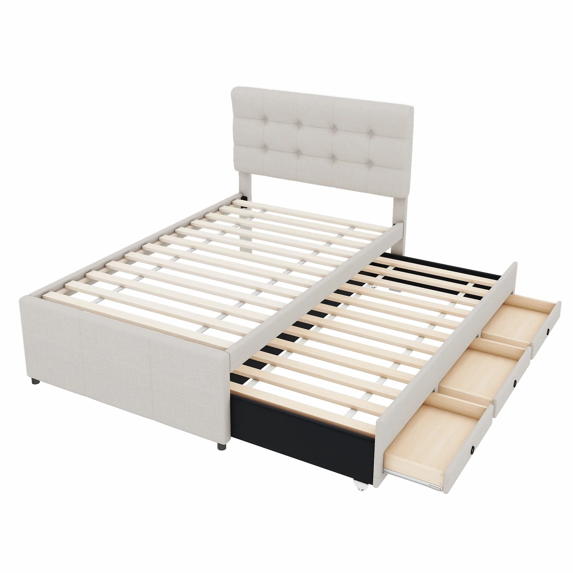 Cama Tapizada 90x200 cm con Cama Nido 90x190, Cama Infantil con 3 Cajones, Camas Juveniles con Cabecero Ajustable, Estructura de Cama Individual con Láminas de Madera, Lino, Beige, Sin Colchón