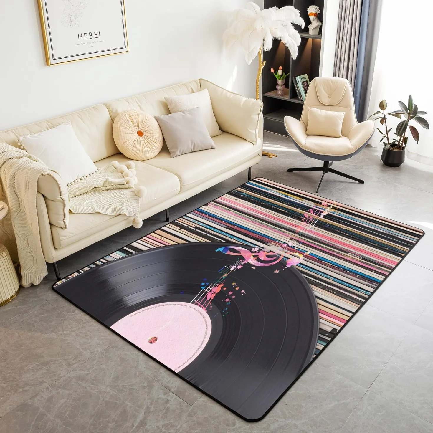 Alfombra decorativa de álbum musical de 150 x 200 cm, para niños, adolescentes, álbum vintage, sala de estar, tema de música, rosa, negro, tapete para interiores, decoración de habitación