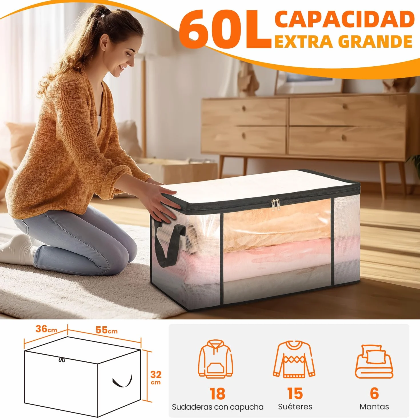 Organizador Ropa Transparente 60L Cajas Plegables Armario Bolsa Almacenamiento Mantas Juguetes