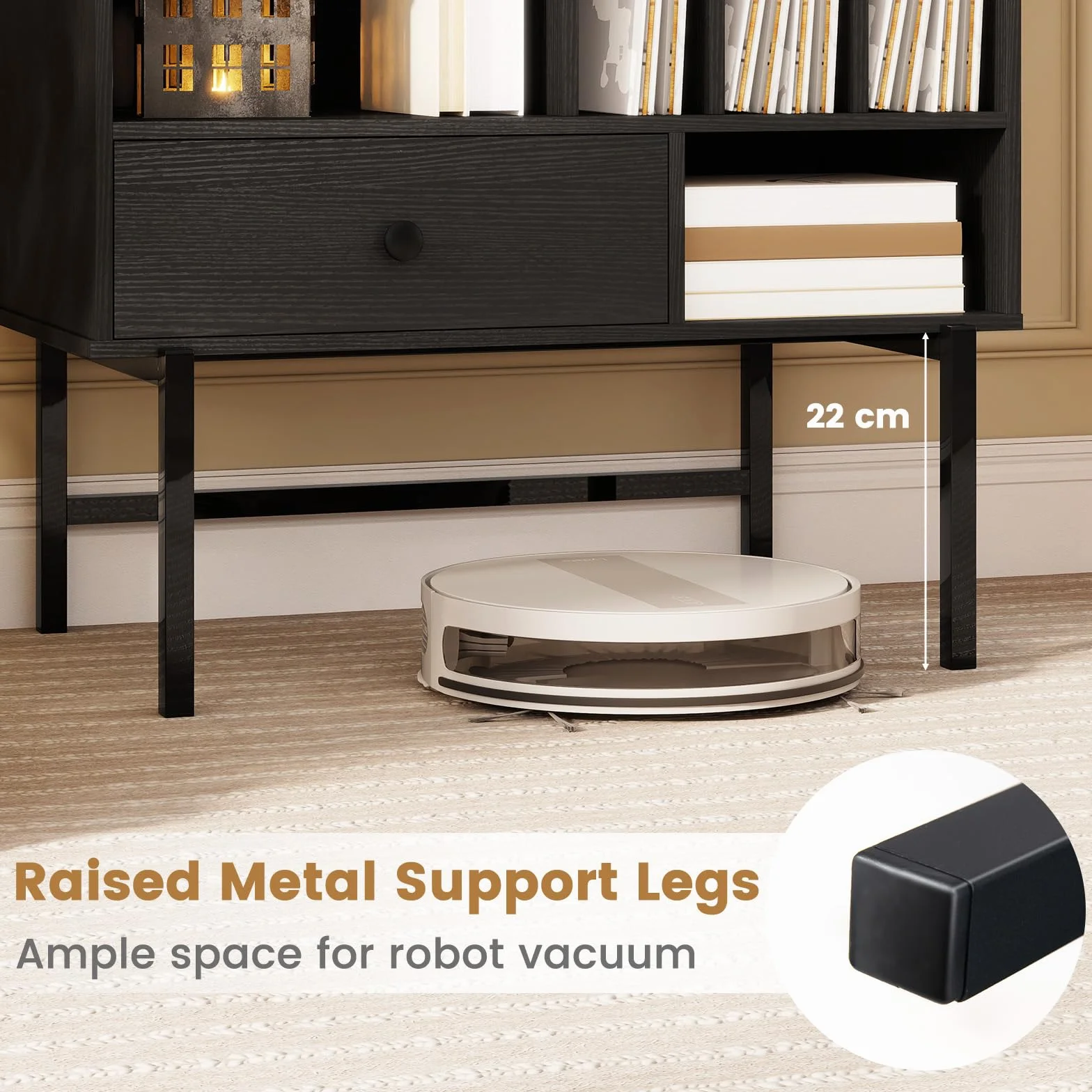 KOMFOTTEU Soporte para Tocadiscos, Mueble para Discos de Vinilo con Cajón y Compartimentos Abiertos, Negro