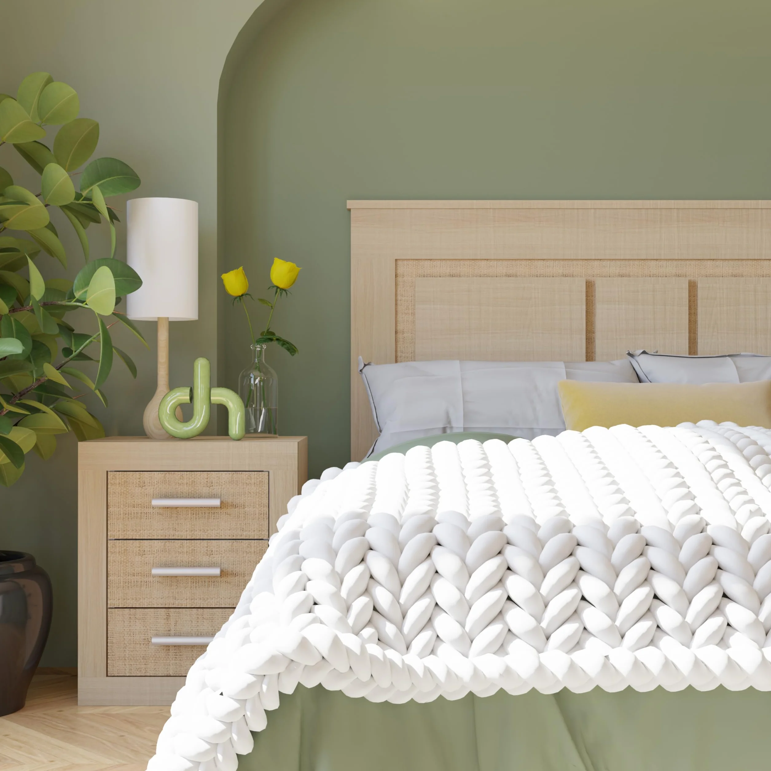 duehome | Pack de Dormitorio con Cabecero + 2 mesitas de Noche + Sinfonier + Espejo + Armario y Cajonera Interior, Dormitorio Completo, Modelo Kira 5c Plus, Acabado en Tofe y Textil