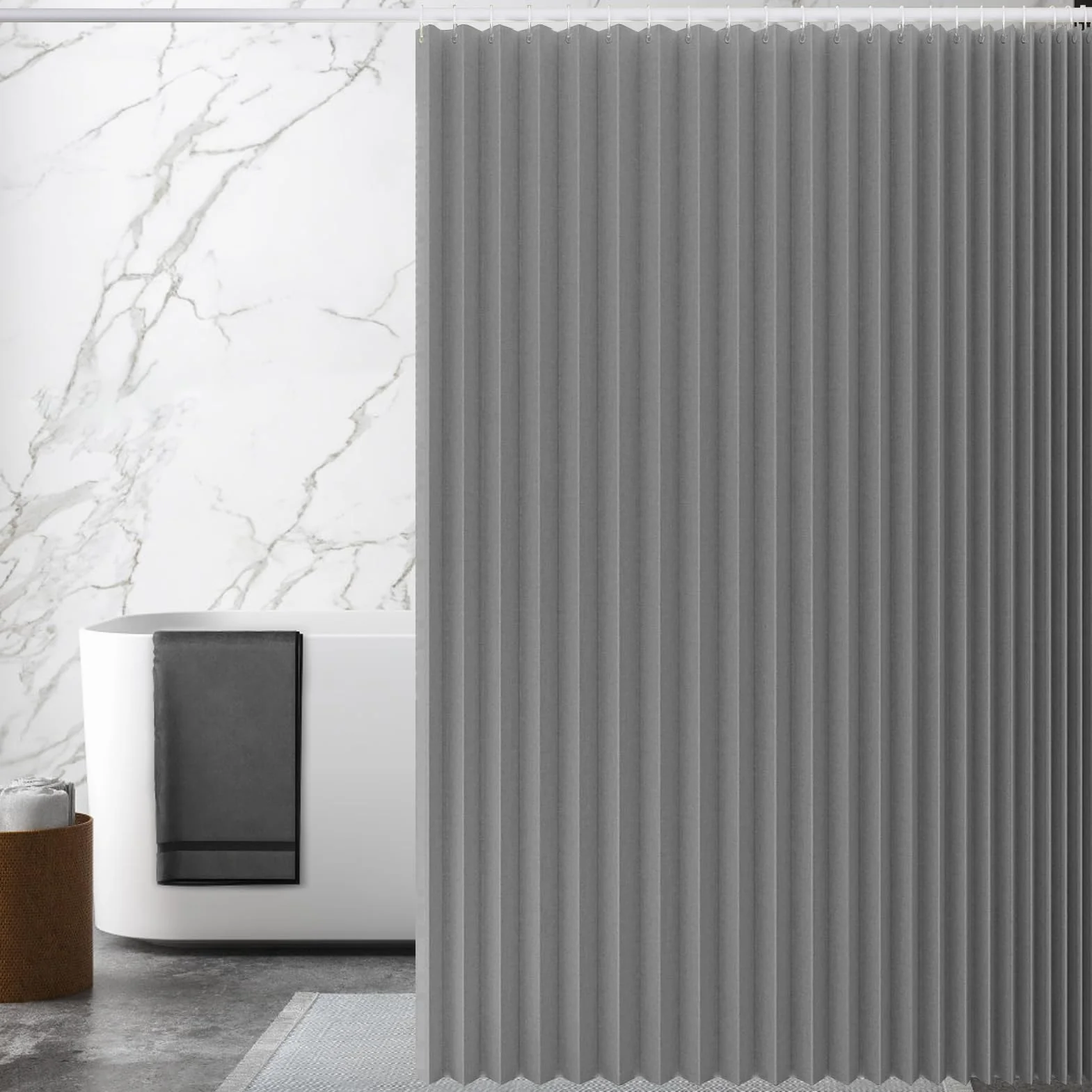 Cortina Ducha de Lino Plegable Impermeable, Gris, 130x200cm | Cortina de ducha magnética antimoho resistente para baño con ganchos , 210 g/m²