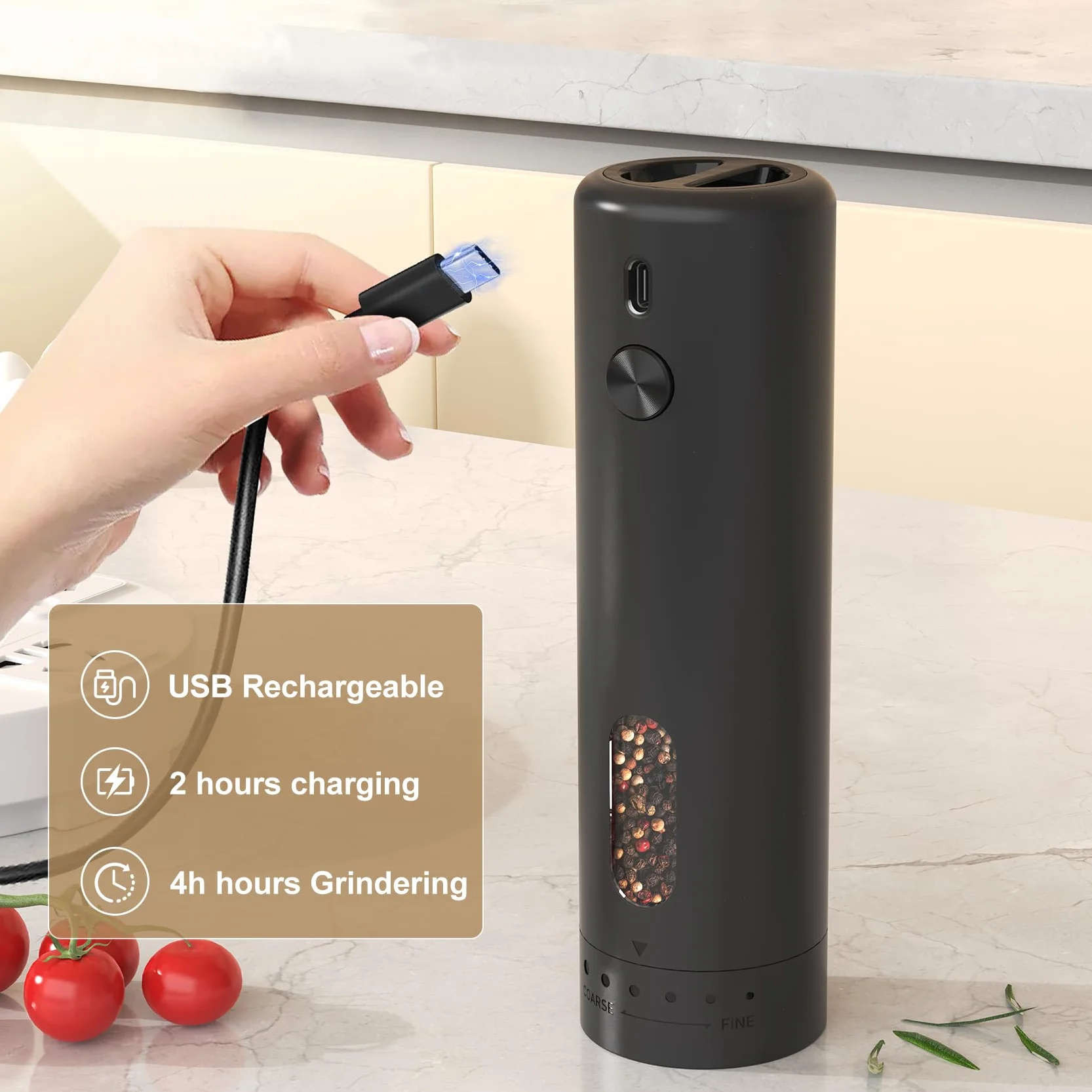 Molinillos de Sal y Pimienta Eléctricos, 110 Ml de Gran Capacidad, 5 Niveles de Ajuste del Engranaje Externo con Cepillo y Ventana Visual