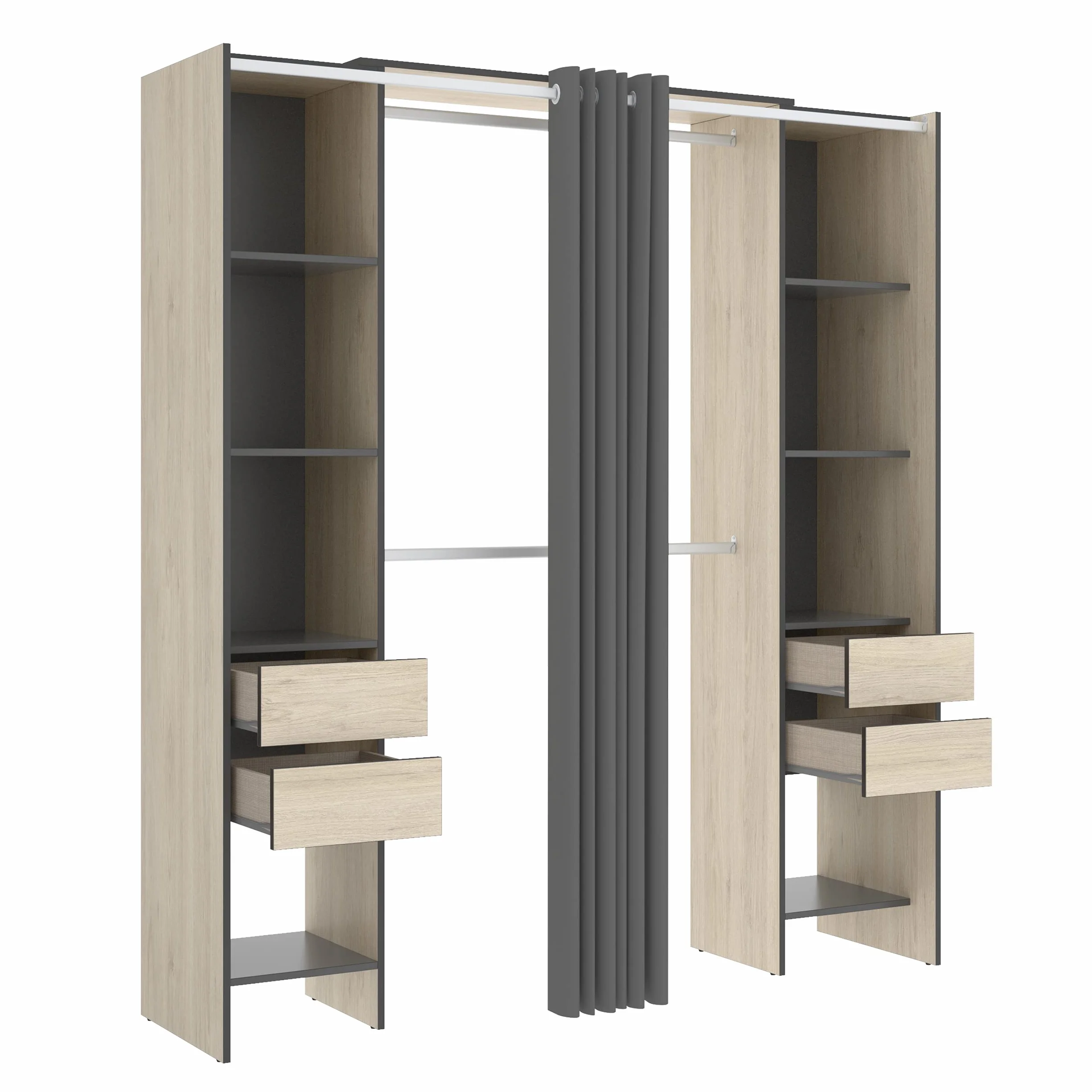 DEKIT GRUPO RIMOBEL SUIT - Vestidor con estantes y curato cajones con cortina - Natural / Grafito - 205 X 50 X 177,5 cm