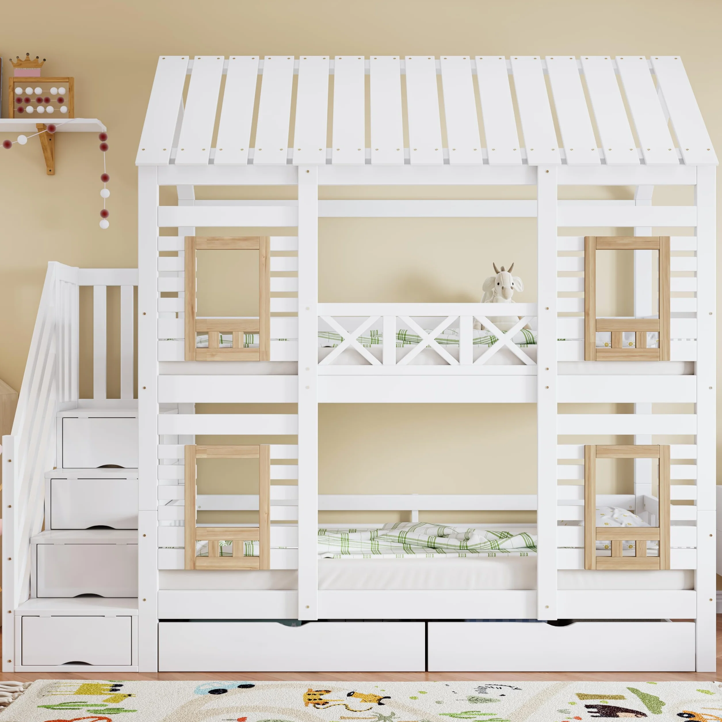 Litera de 90 x 200 cm, cama alta con ventana, con rejilla anticaídas, 2 cajones con ruedas, escalera con 4 estantes (blanco y natural, 90 x 200 cm)