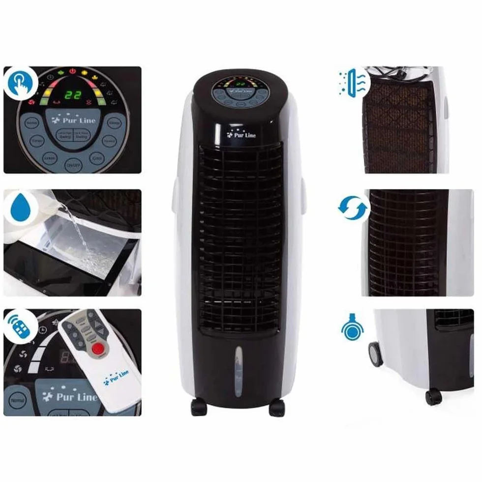 PUR LINE | Climatizador Evaporativo Digital Gran Capacidad Panel LED, 6 Velocidades, Ionizador, Temporizador de 24h, Rejilla Motorizada, Control Remoto y Tanque 15 Litros –