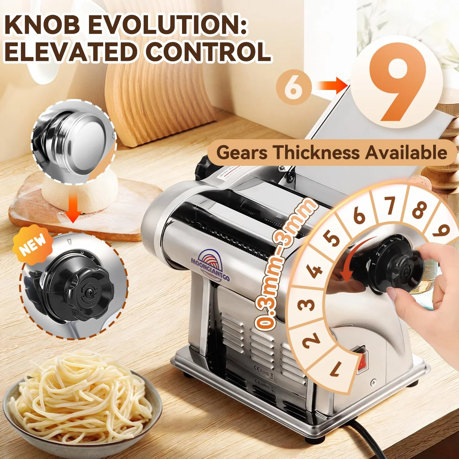 Moongiantgo Máquina de Pasta Fresca Eléctrica Acero Inox con 2 Cuchillas de 1.5 y 4mm, 9 Marchas de Grosor Ajustable para Fideos Espaguetis Raviolis