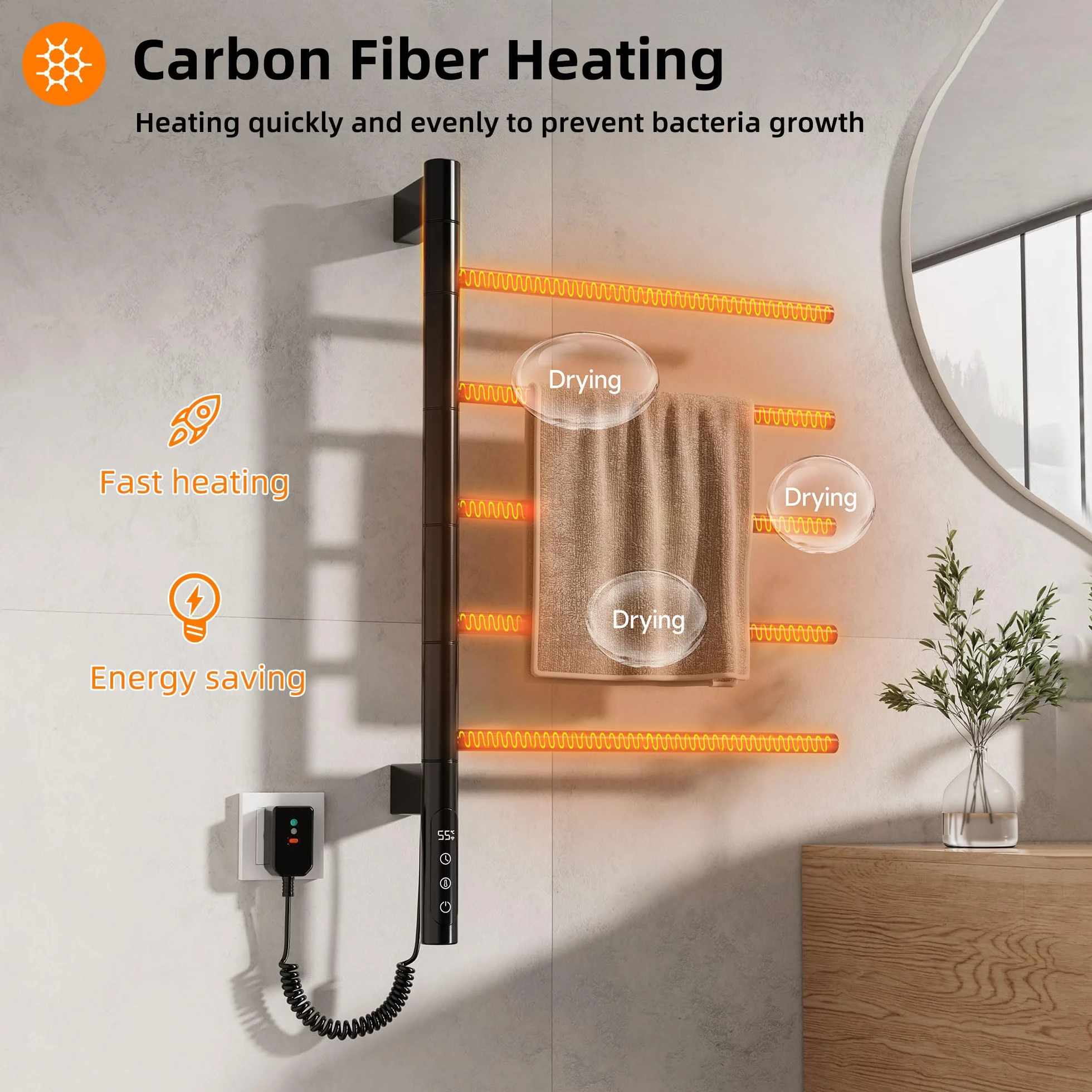 Radiador Toallero Eléctrico para Baño, Rotación de 180° Secatoallas eléctrico, 415 x 680mm, 85W, WiFi Negro Toallero Electrico Baño, Calentador Toallas, Secatoallas, Ahorro de energía-G63 WiFi Black