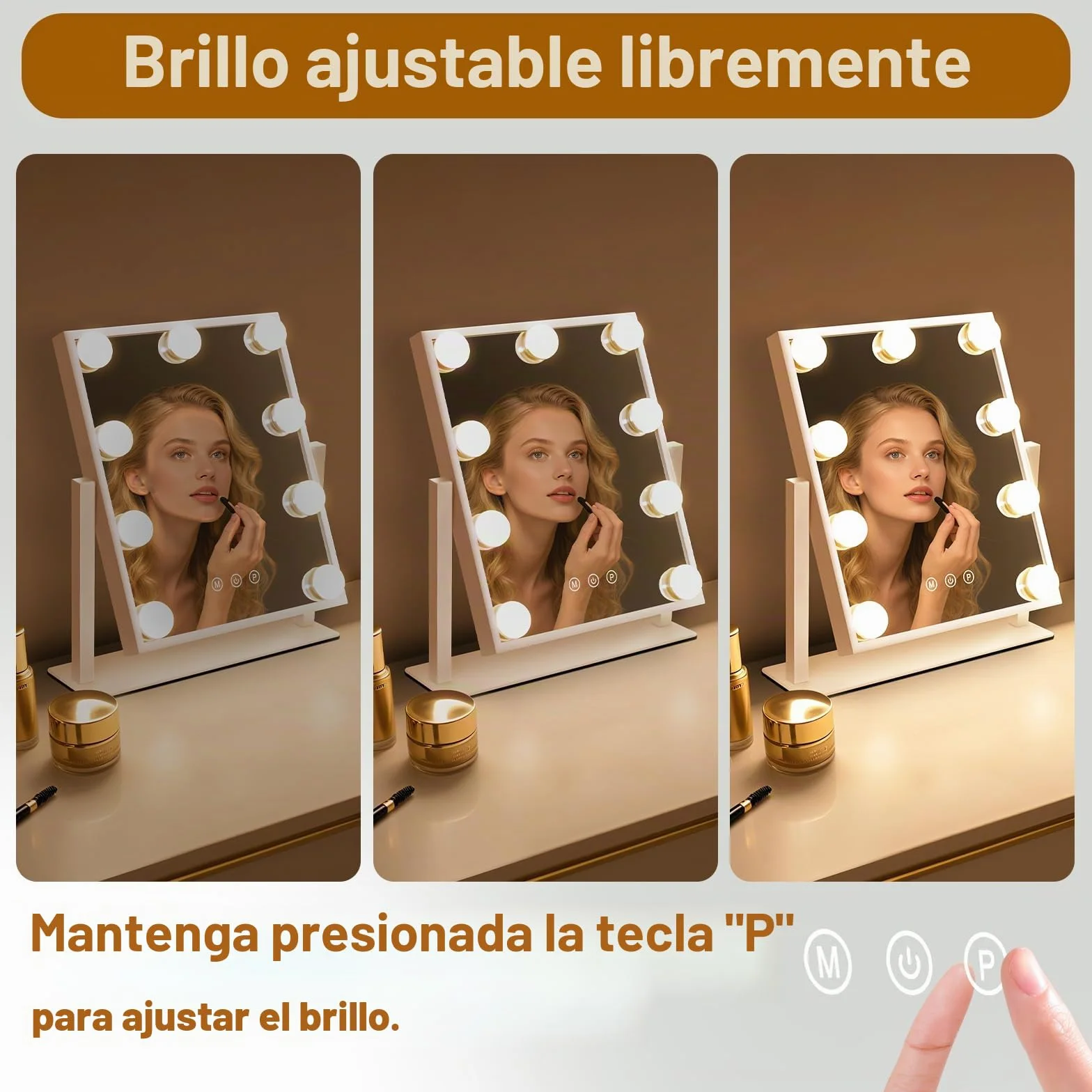 Espejo de Maquillaje Hollywood con LED 9, 360° Rotación, 3 Modos, Regulable